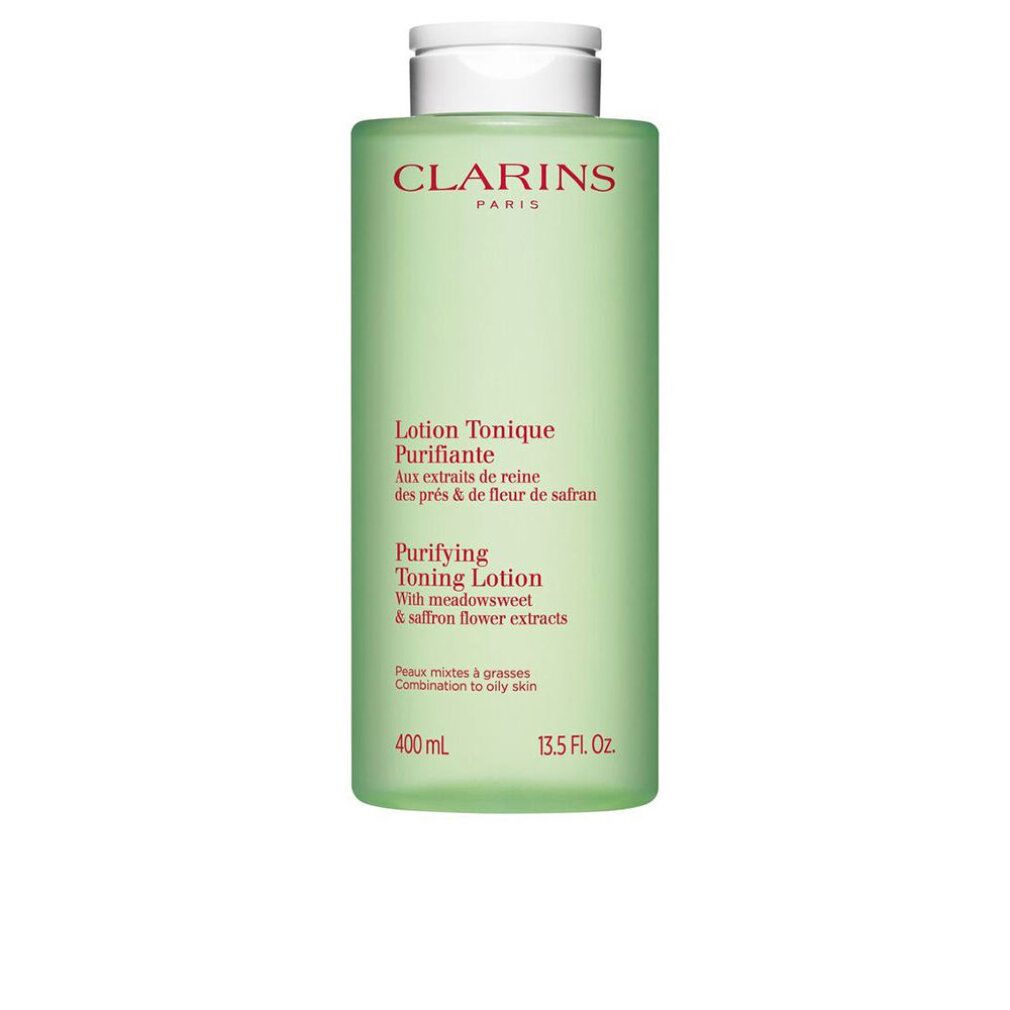 Grüne Flasche mit weißem Deckel. Text: Clarins Paris, Lotion Tonique Purifiante, Purifying Toning Lotion. 400 ml, 13.5 FL. OZ.