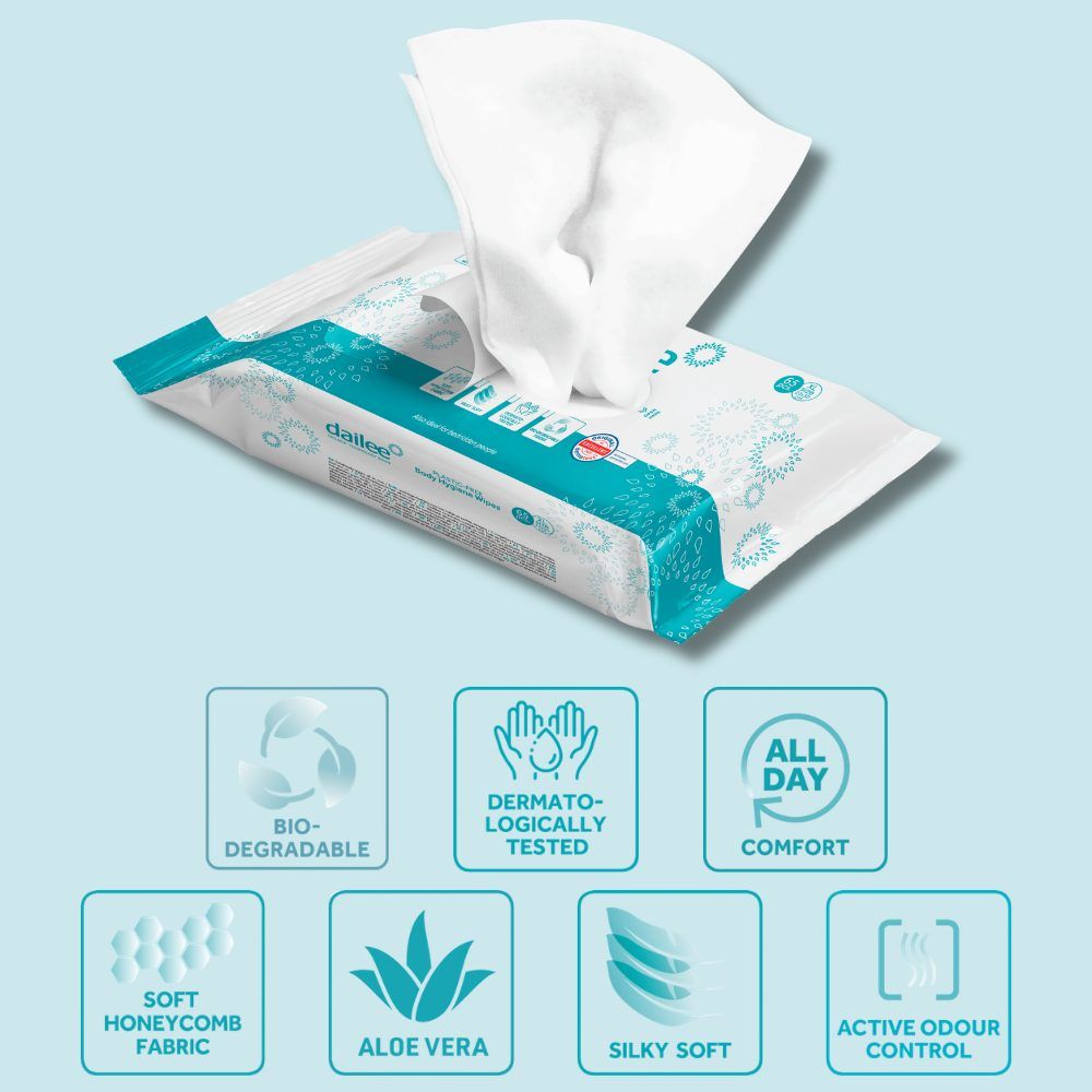 Packung Feuchttücher mit Aloe Vera, biologisch abbaubar, dermatologisch getestet.