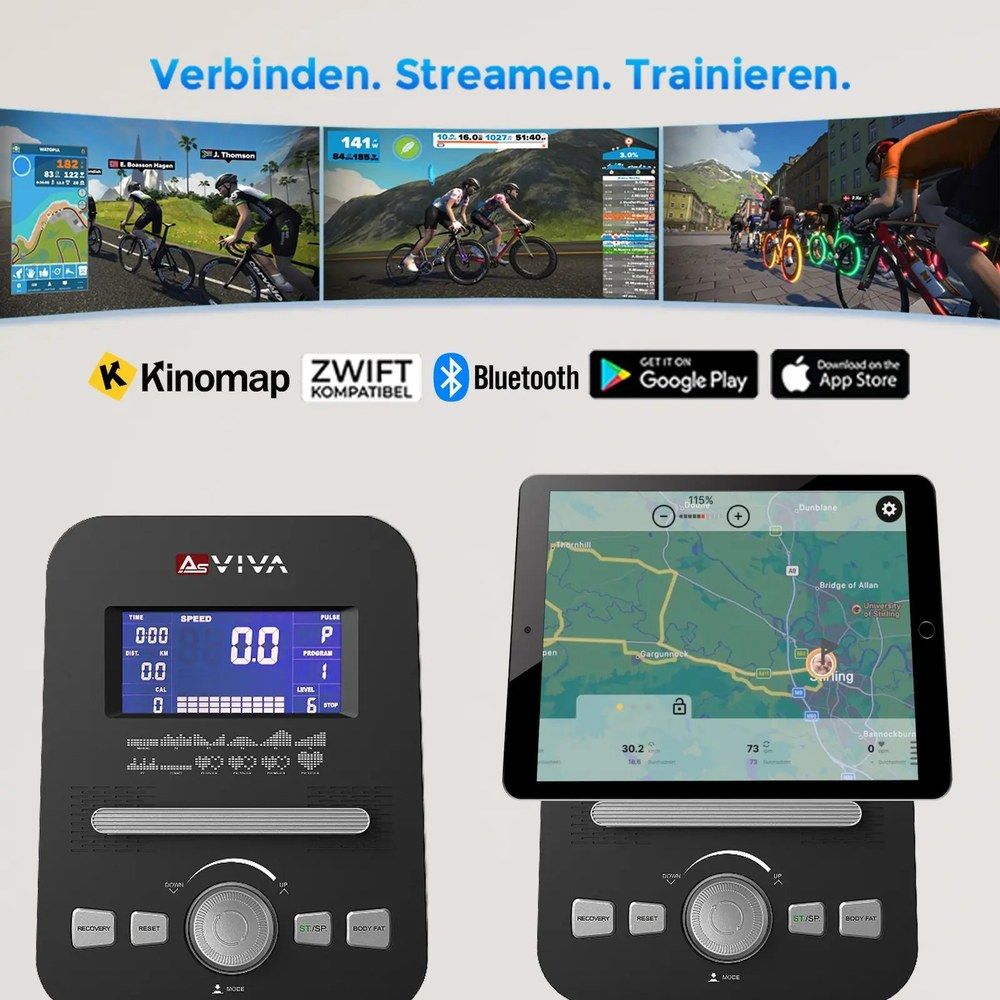 AsVIVA Crosstrainer C29 Pro Bedienfeld und Tablet-Halterung mit App-Integration.