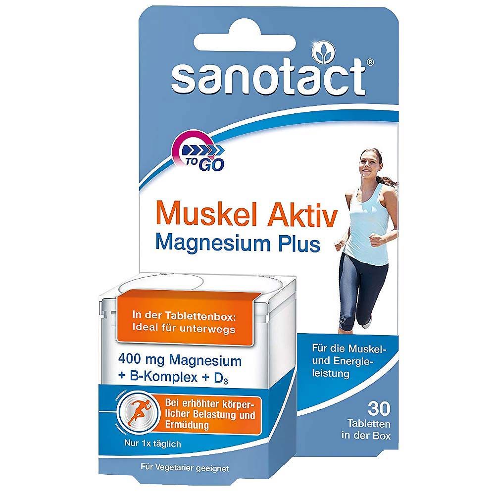 Verpackung von Sanotact Muskel Aktiv Magnesium Plus Tabletten. Enthält 30 Tabletten. Aufdrucke: 400 mg Magnesium, B-Komplex + D3. Für Vegetarier geeignet.