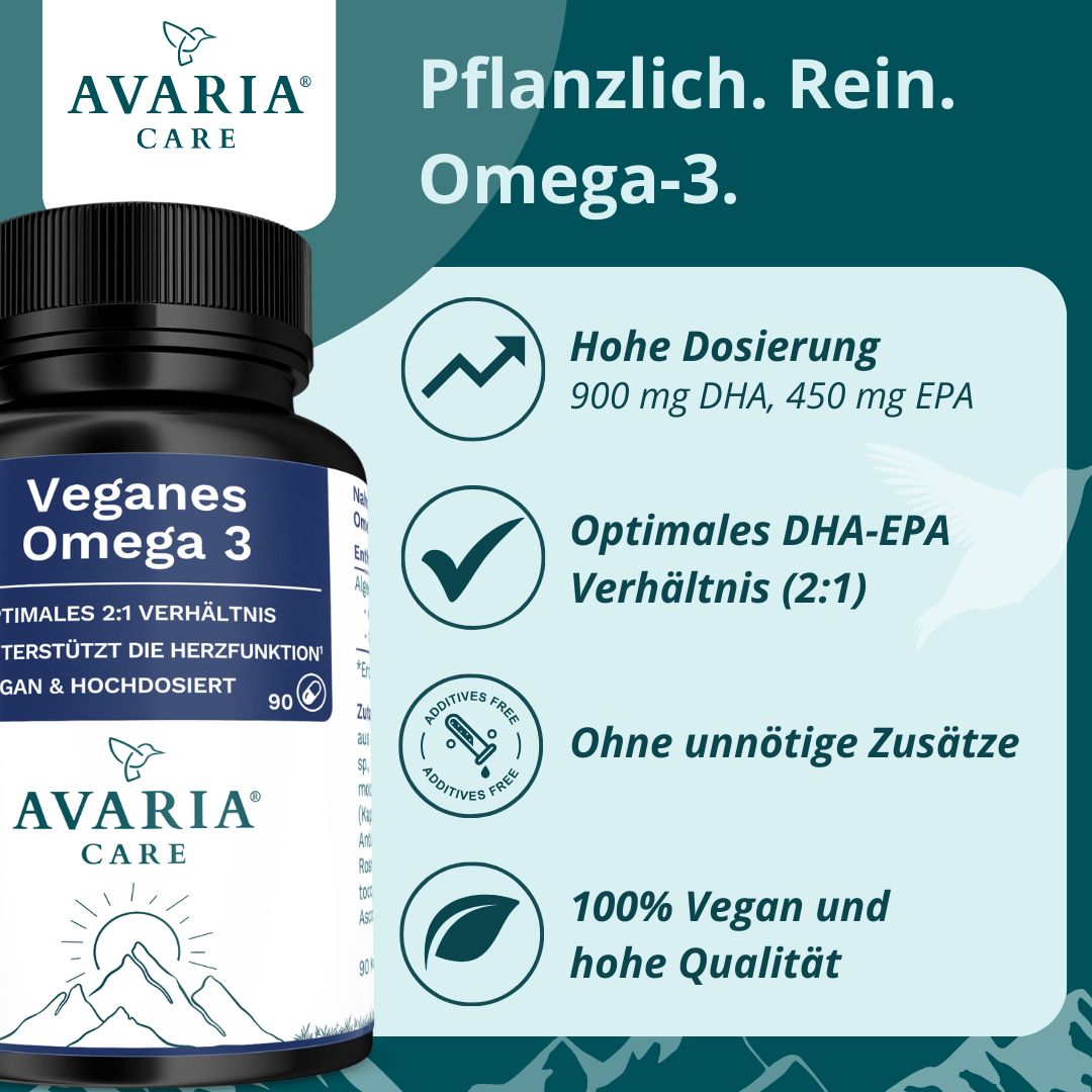 Flasche mit Kapseln. Aufschrift: Veganes Omega 3. Logo: AVARIA CARE. Enthält 900mg DHA, 450mg EPA. Ohne unnötige Zusätze. 100% vegan.