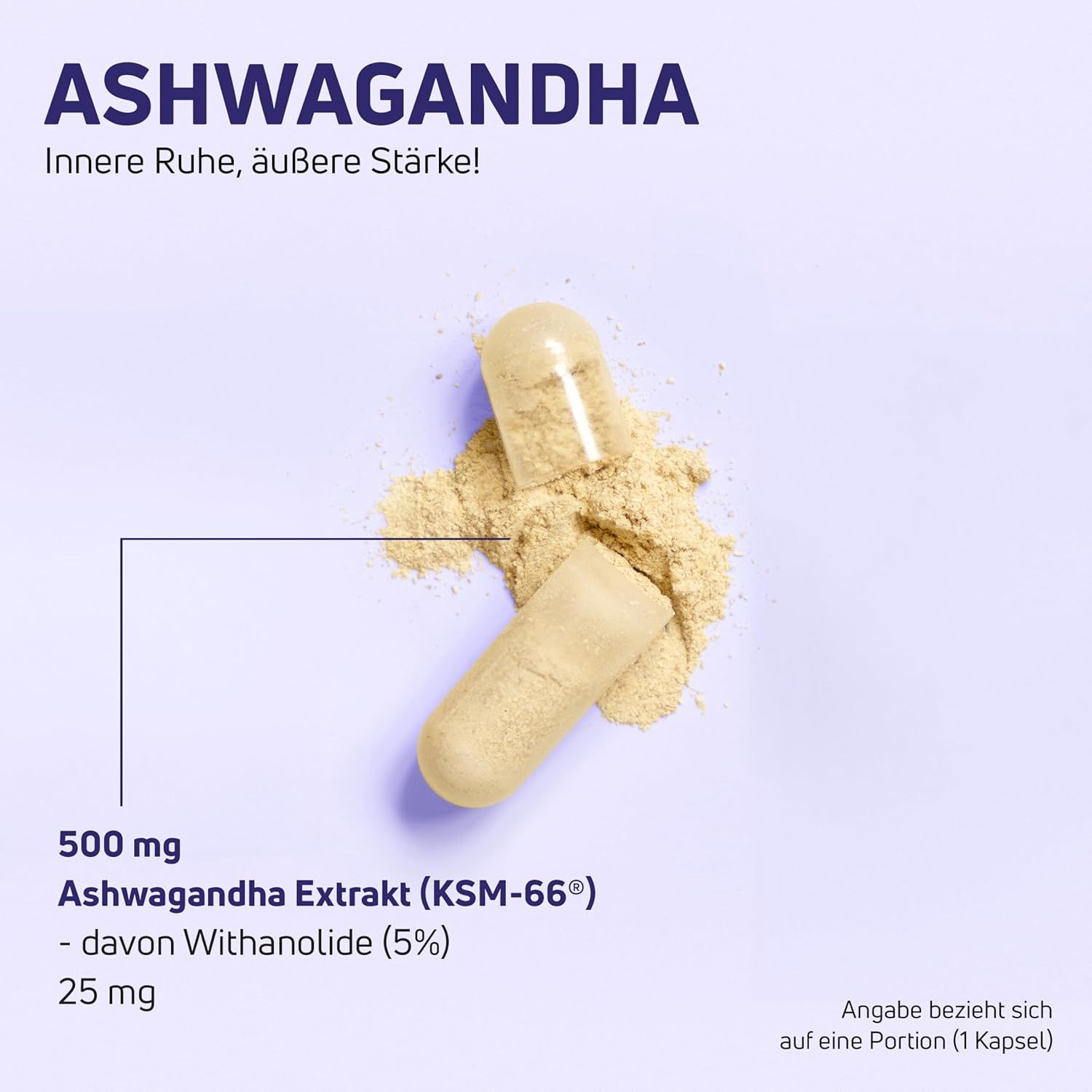 Kapsel geöffnet, Ashwagandha-Pulver und Produktinformationen. 500 mg Ashwagandha Extrakt (KSM-66).