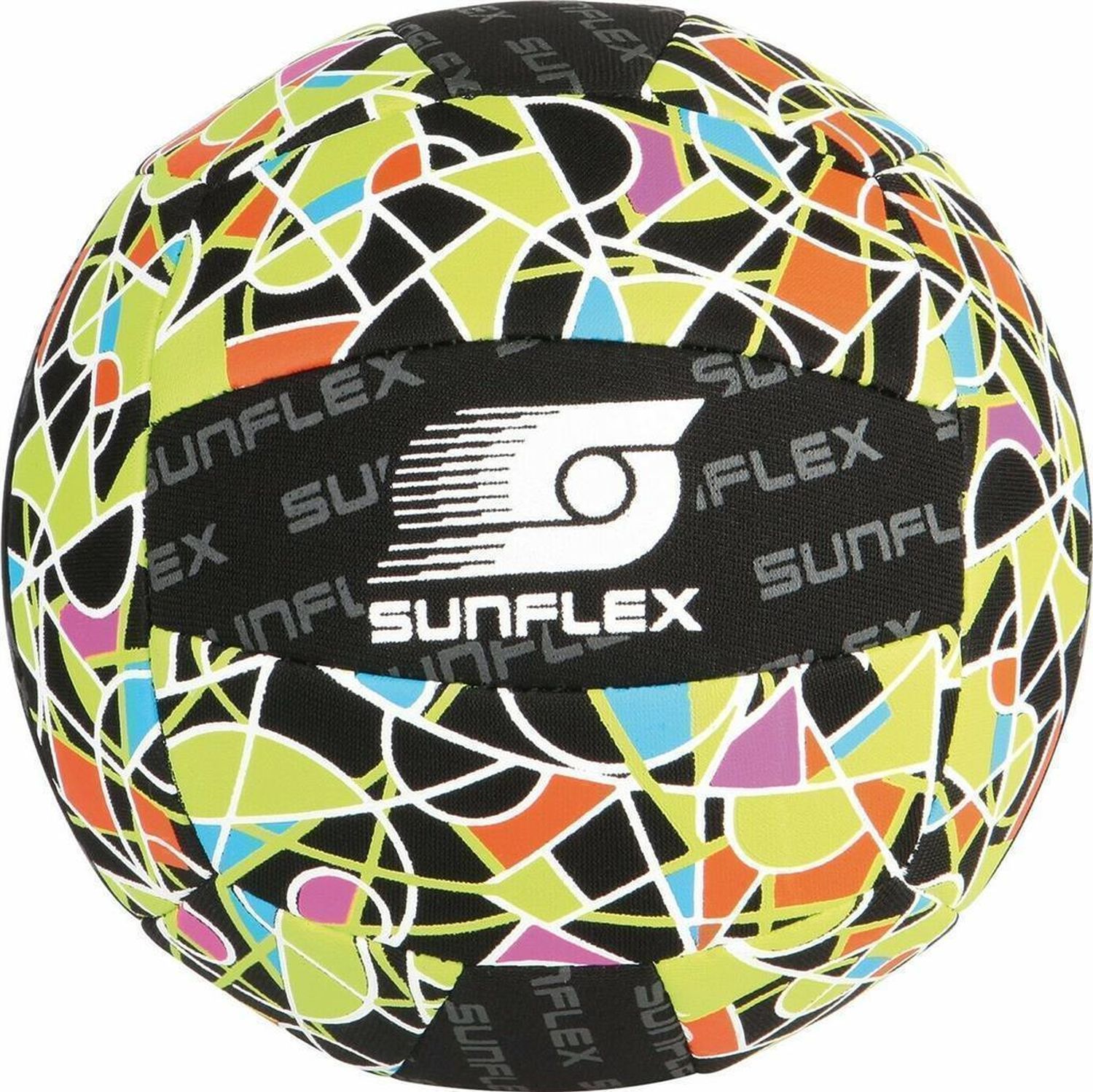 Runder Ball mit farbigem Muster und SUNFLEX-Logo.