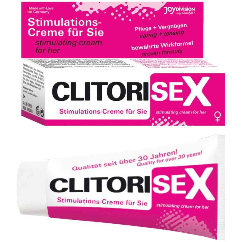 Produktverpackung und Tube. Verpackung mit Produktnamen und Text. Tube mit Produktnamen. Rosa und weiße Farbgebung. Text: "Stimulations-Creme für Sie".
