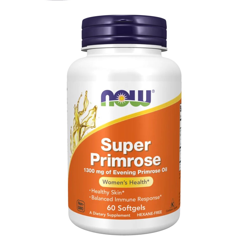 Weiße Flasche mit Kapseln. Aufschrift: Super Primrose, 1300 mg Nachtkerzenöl, 60 Softgels. Marke: NOW.