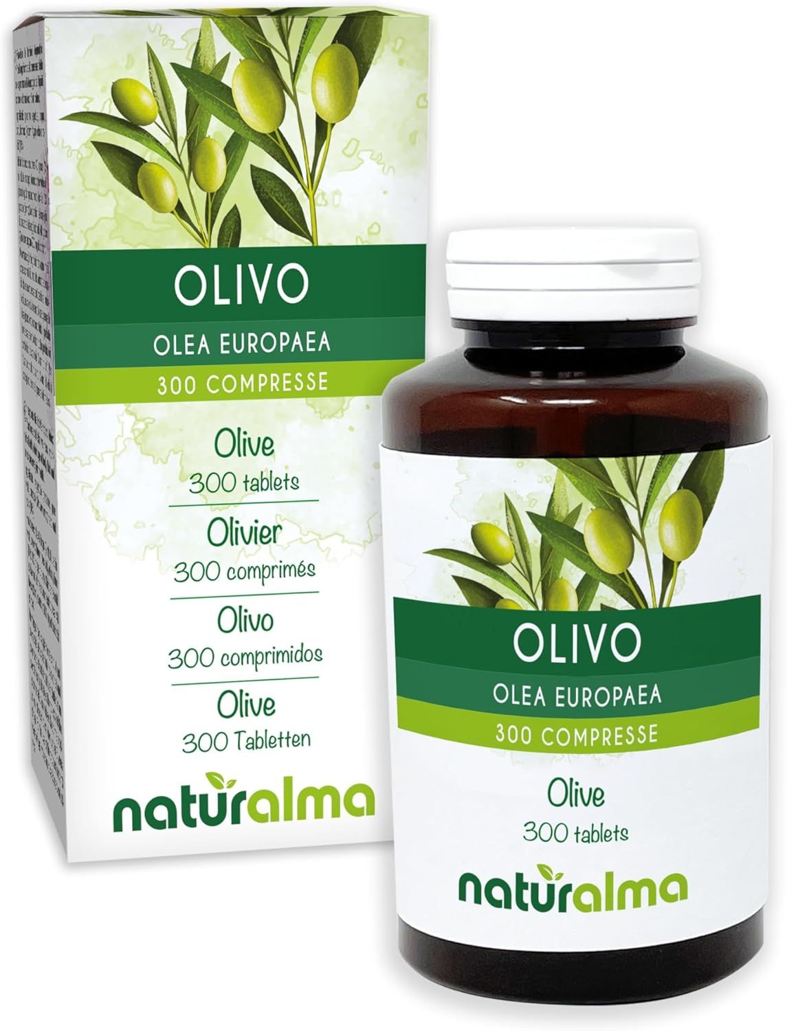 Produktverpackung und Flasche mit Tabletten. Text: Olivo Olea europaea, 300 Tabletten. Logo: Naturalma.