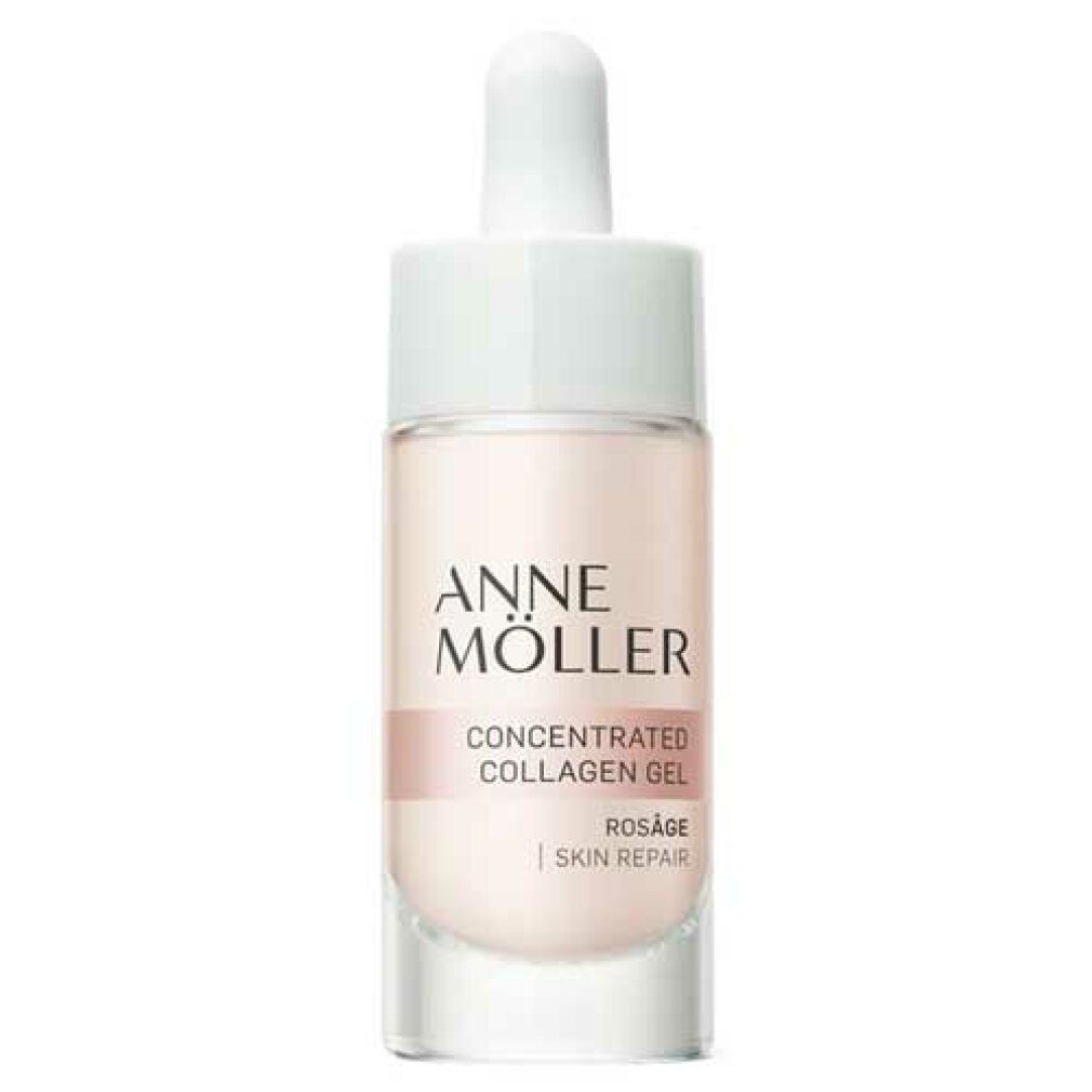 Anne Möller Rosâge Collagen Concentrated Gel. Rosa Flüssigkeit in Glasflasche mit weißem Deckel und Pipette. Schriftzug.