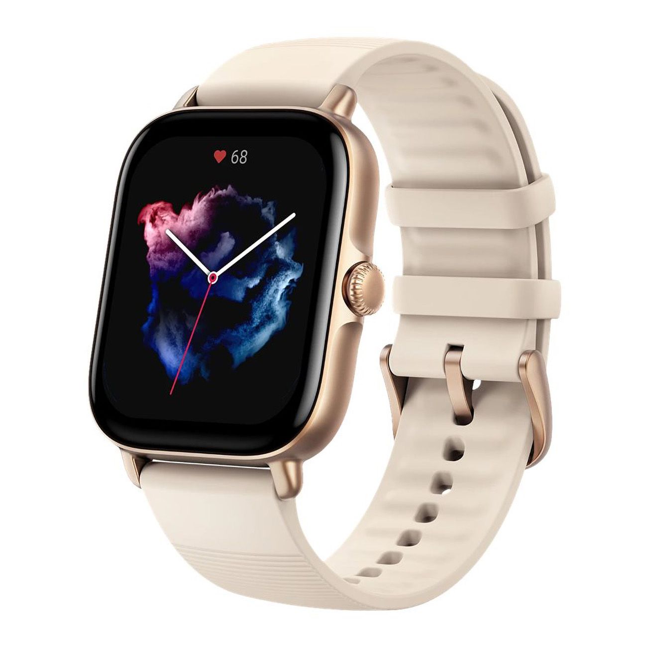 Smartwatch mit cremefarbenem Armband, goldfarbenem Gehäuse. Das Display zeigt Herzfrequenz und farbige Grafik. Seitenansicht.