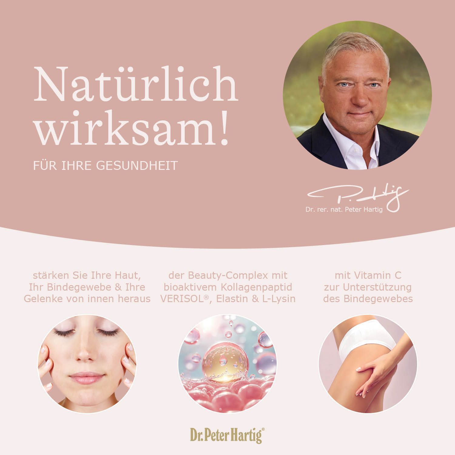 Werbebild mit Dr. Peter Hartig und Produktabbildungen. Text: Natürlich wirksam! Für Ihre Gesundheit. Collagen Beauty Complex.
