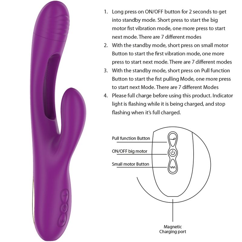 Lila Vibrator mit drei Knöpfen und magnetischem Ladeanschluss. Text: ON/OFF, Pull function, Small motor. Bedienungsanleitung.