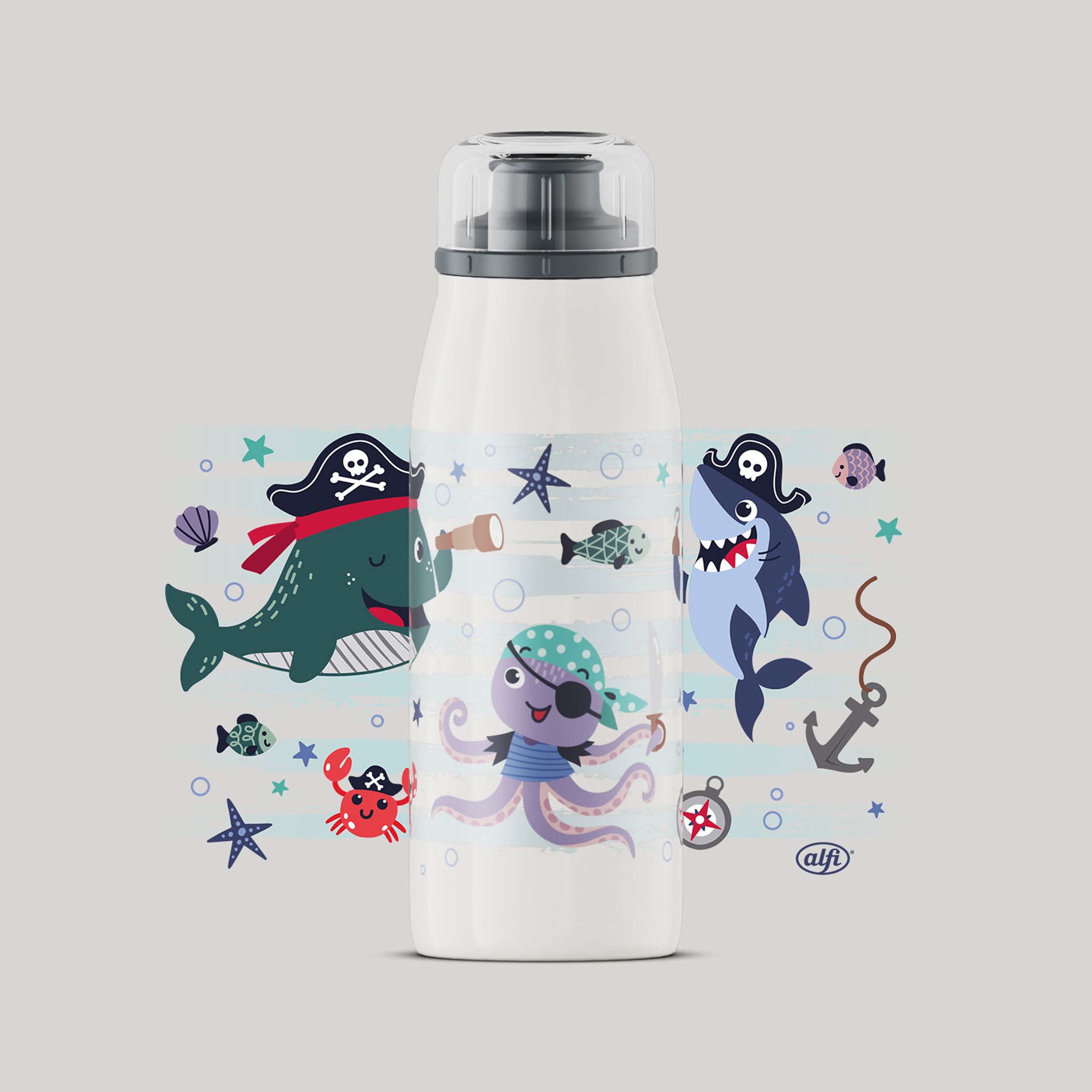 ALFI Kinderflasche mit Piraten-Motiven, inklusive Logo.