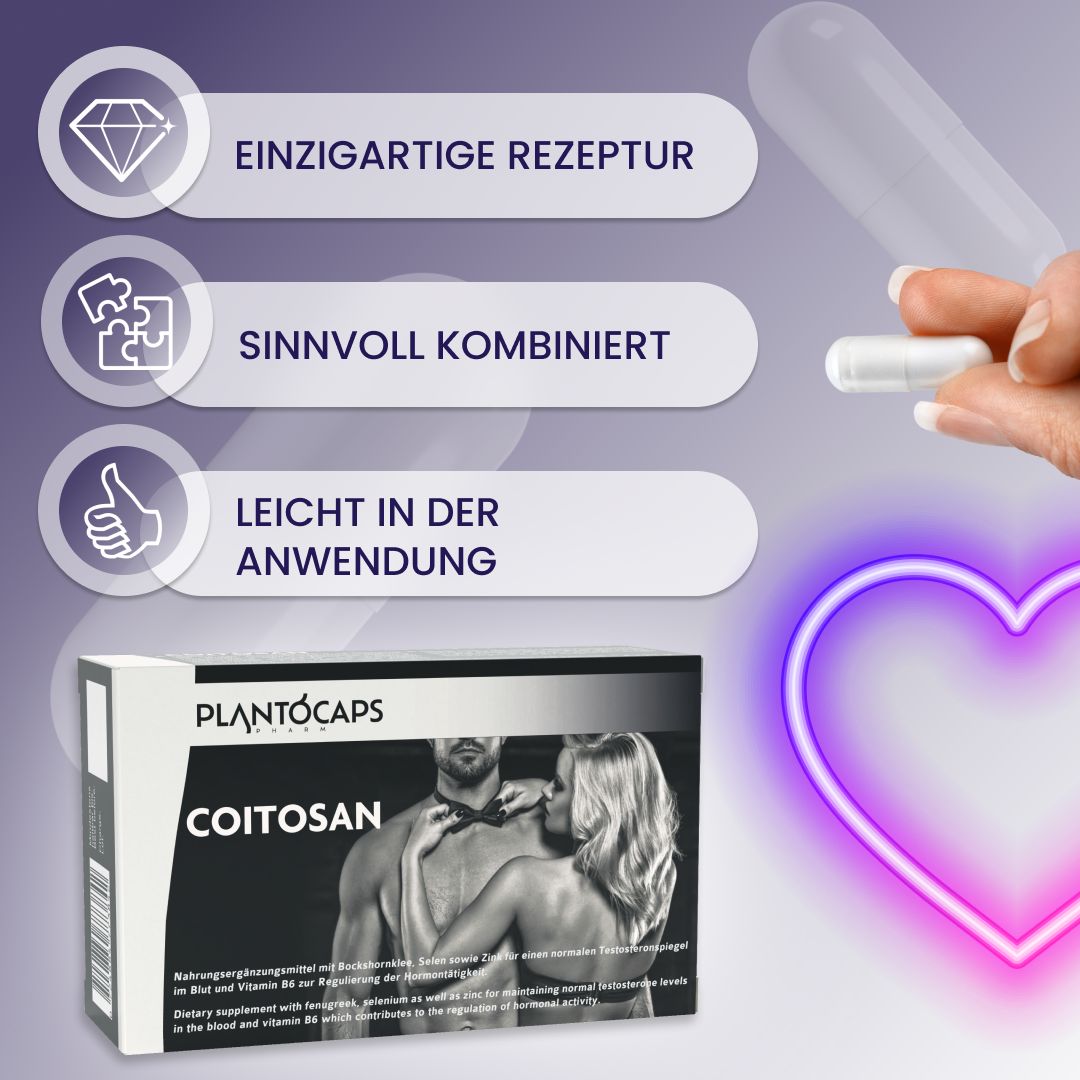 plantoCAPS COITOSAN-Packung. Inhaltsstoffe: Selen, Bockshornklee, Vitamin B6, Zink. Kapseln.