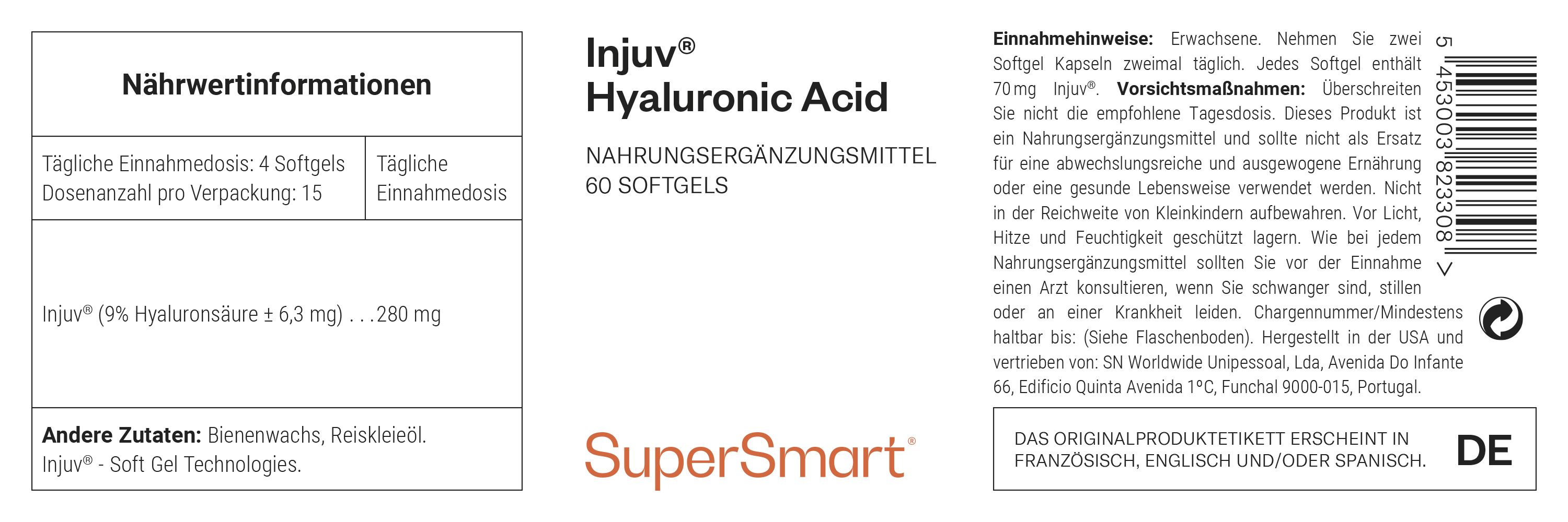 Etikett mit Produktinformationen. Injuv® Hyaluronsäure, 60 Softgels. SuperSmart-Logo. Text in Deutsch.