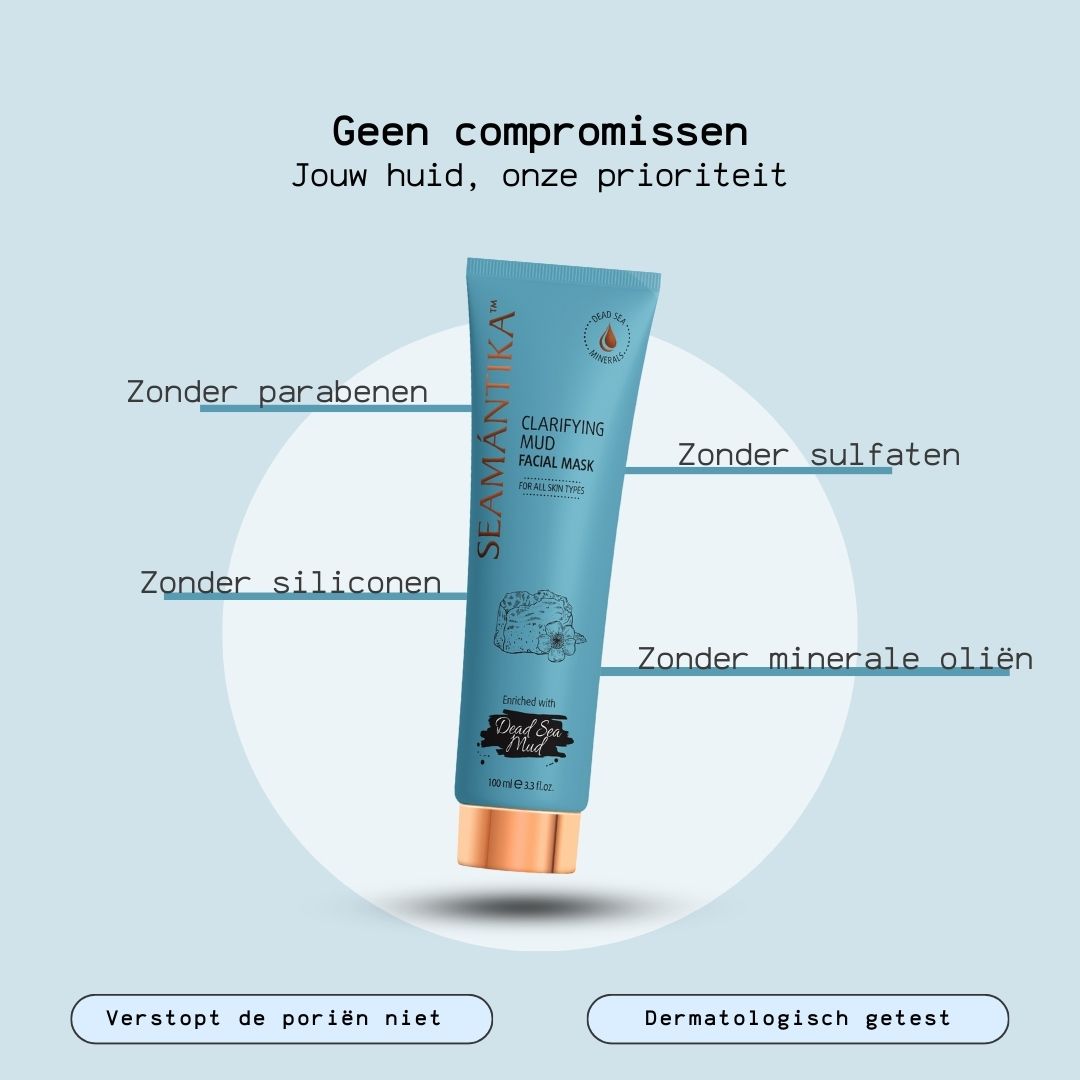 Turquoise blauwe tube. Opschrift: SEAMANTIKA, Clarifying Mud Facial Mask. Met teksten: Zonder siliconen, sulfaten, parabenen, minerale oliën.