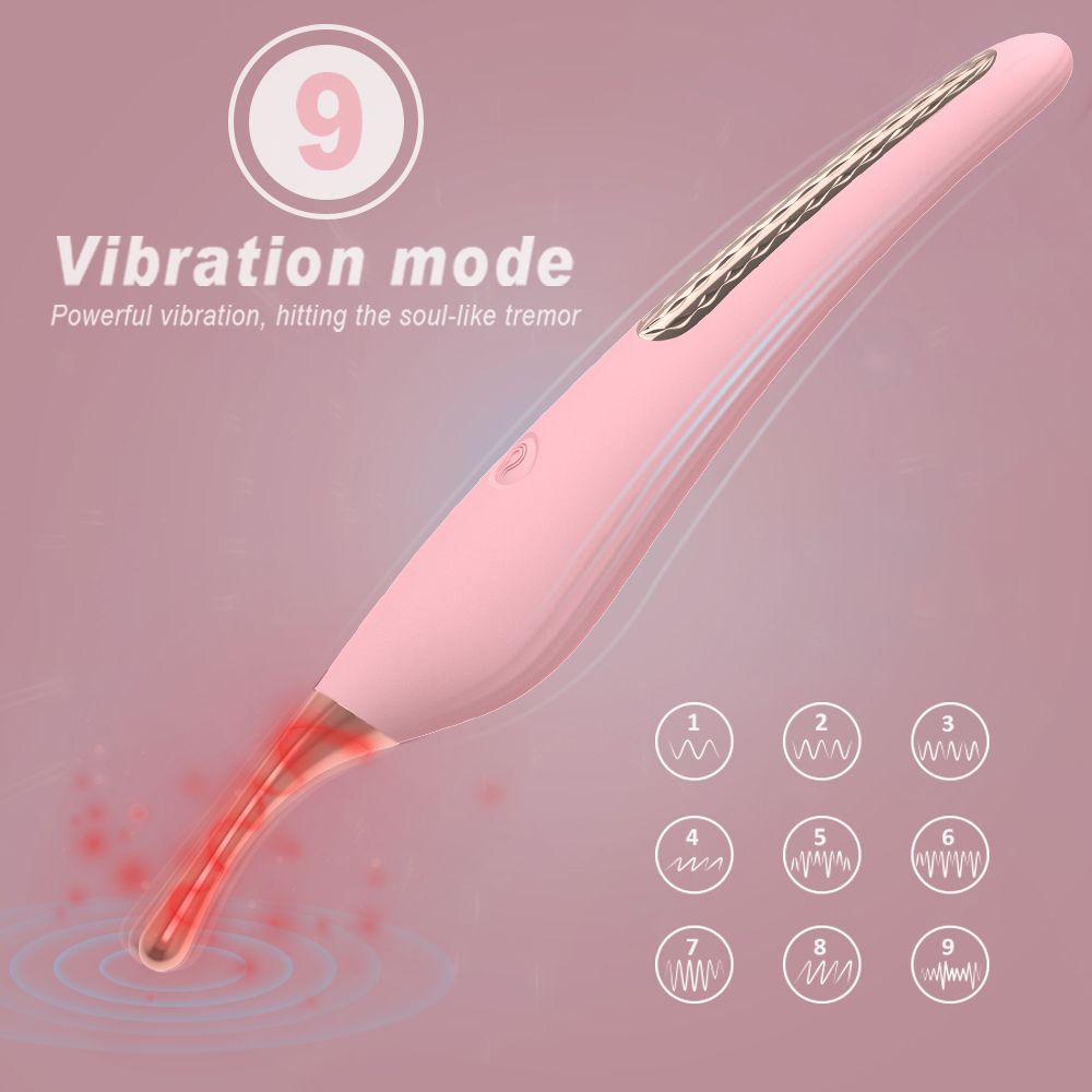 Rosa Vibrator mit goldfarbenem Kopf. Neun Vibrationsmodi. Auf rosa Hintergrund mit Vibrationsmodus-Symbolen.