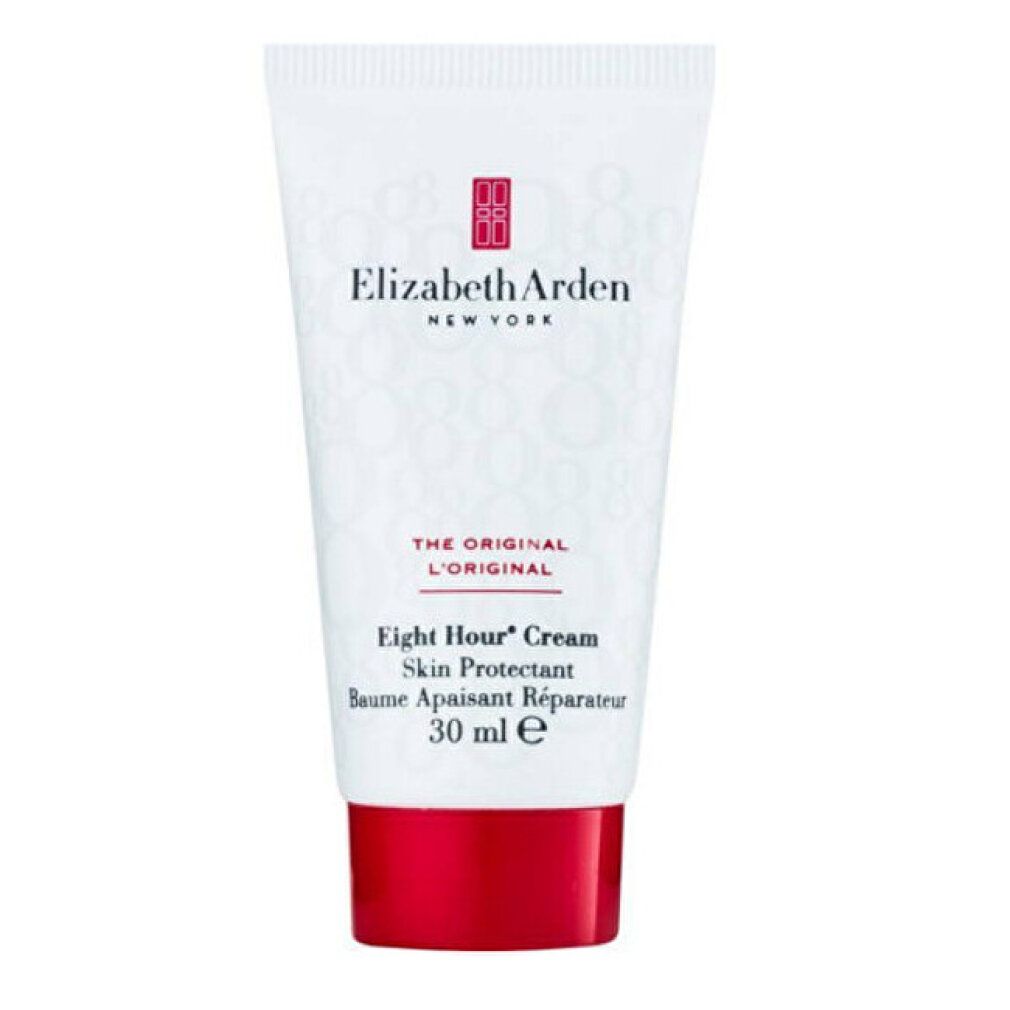 Weiße Tube mit rotem Deckel. Aufschrift: Elizabeth Arden, Eight Hour Cream, Skin Protectant, 30 ml.