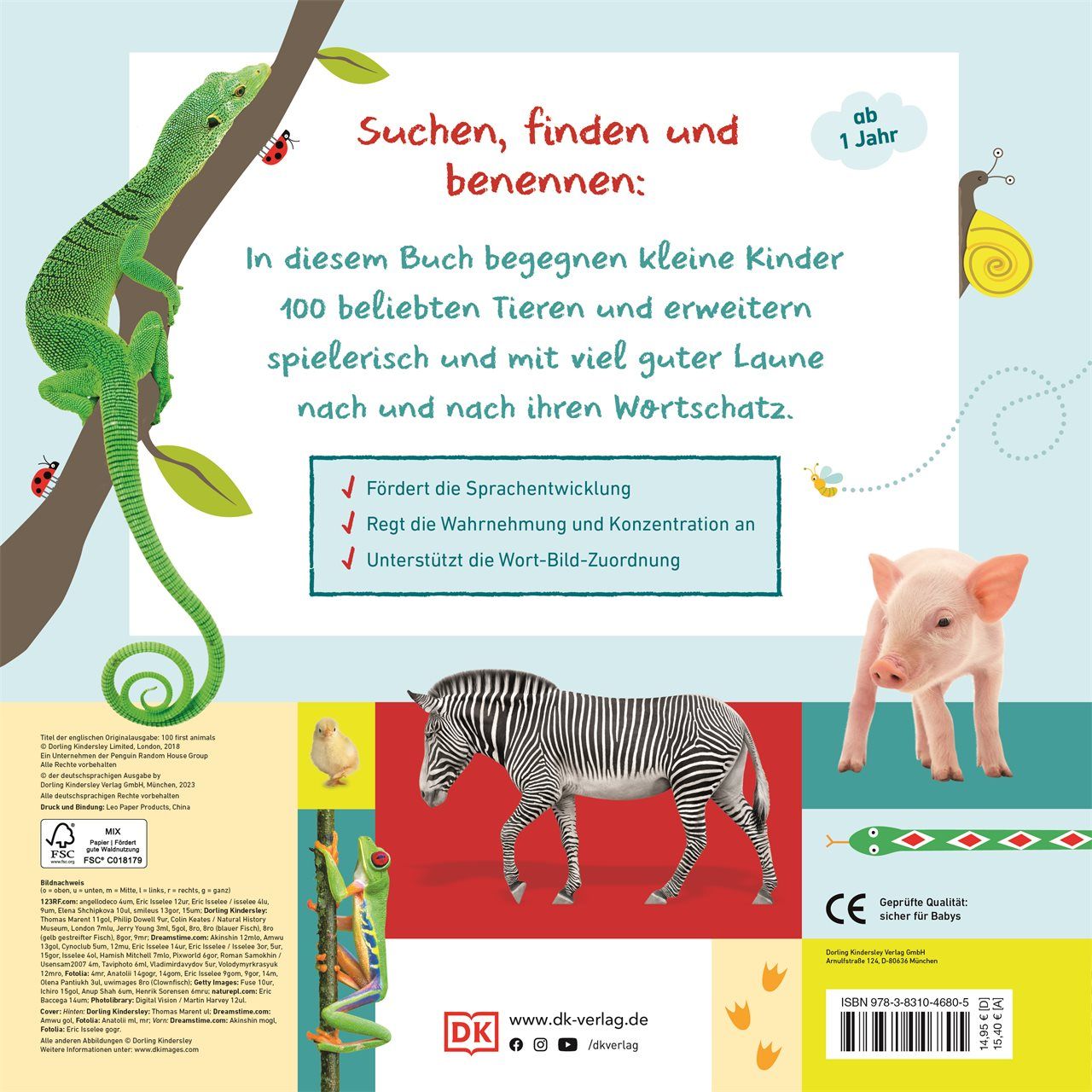 Rückseite des Buches "100 erste Tiere". Illustrationen: Eidechse, Marienkäfer, Schnecke, Frosch, Zebra, Schwein. Text: "Suchen, finden und benennen".