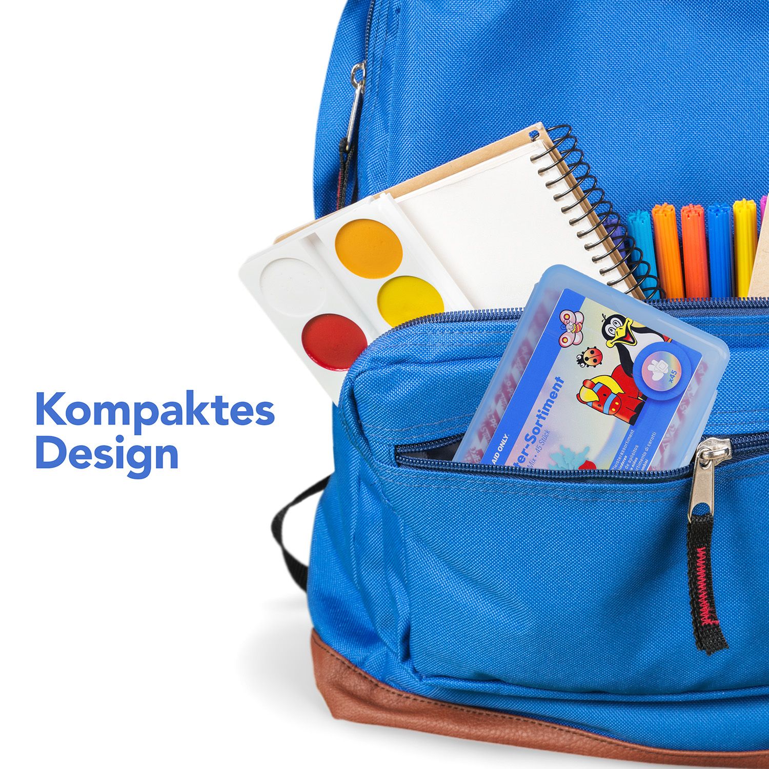 Blauer Rucksack mit Etui mit Pflastern. Aufschrift: Pflaster-Sortiment. Text: Kompaktes Design.