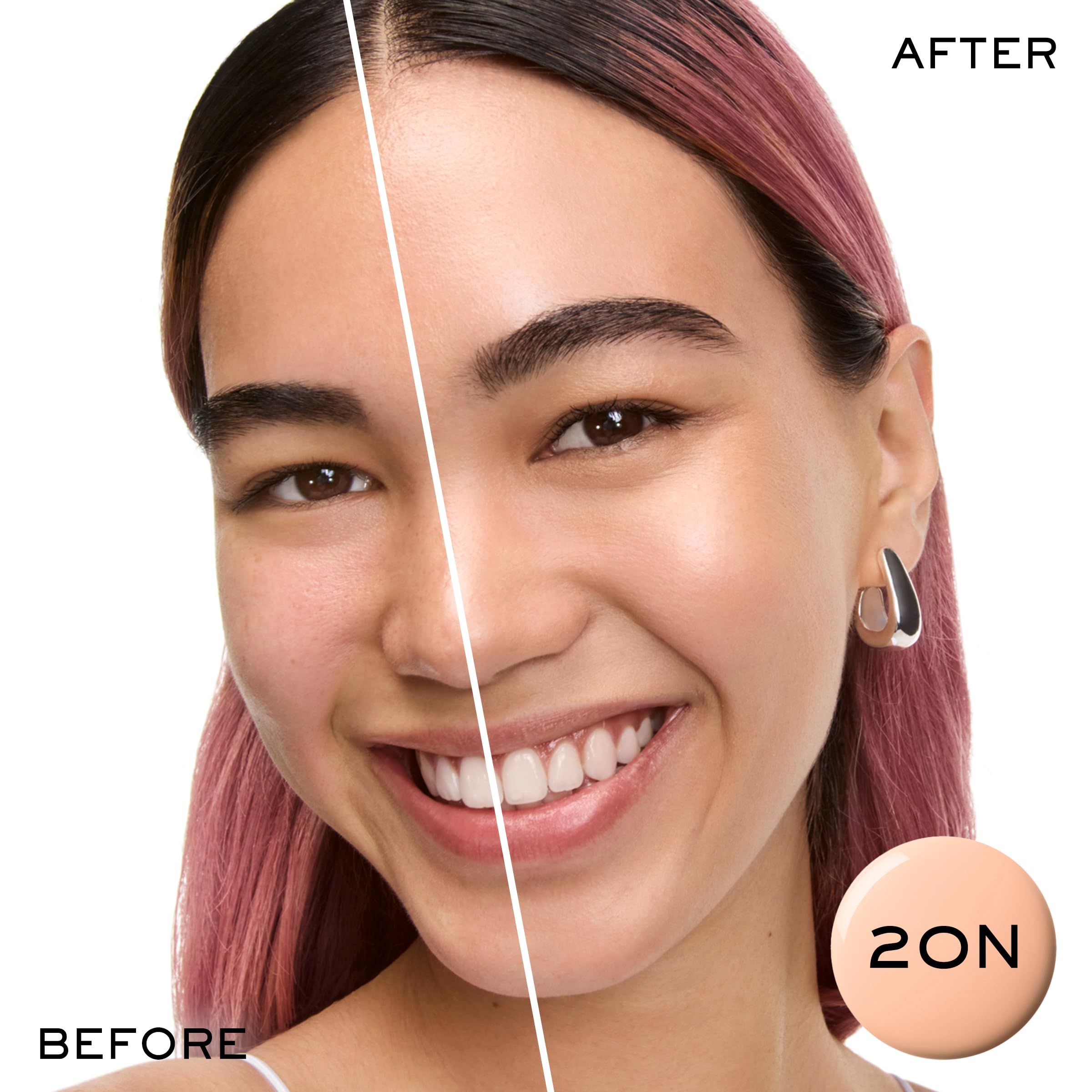 Gesicht einer Frau vor und nach der Anwendung. Rechts: Farbton 20N. Text: Vorher/Nachher.