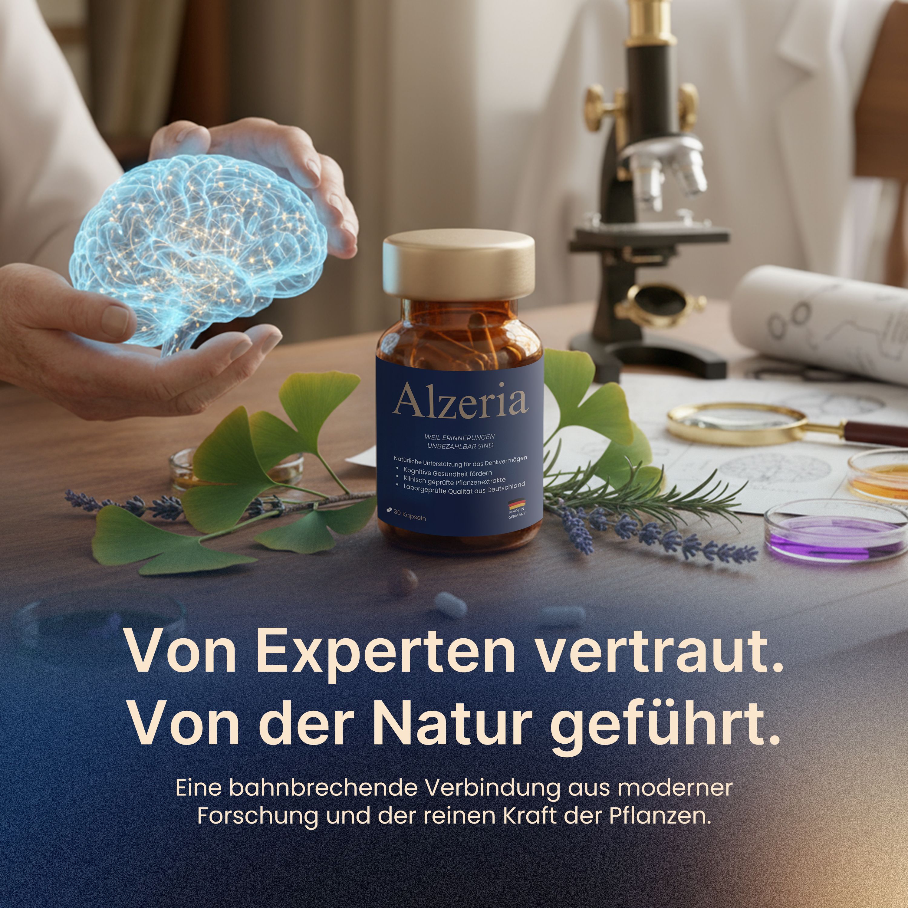 Eine Flasche Alzeria neben Ginkgoblättern und einem Mikroskop. Text: Von Experten vertraut. Von der Natur geführt.
