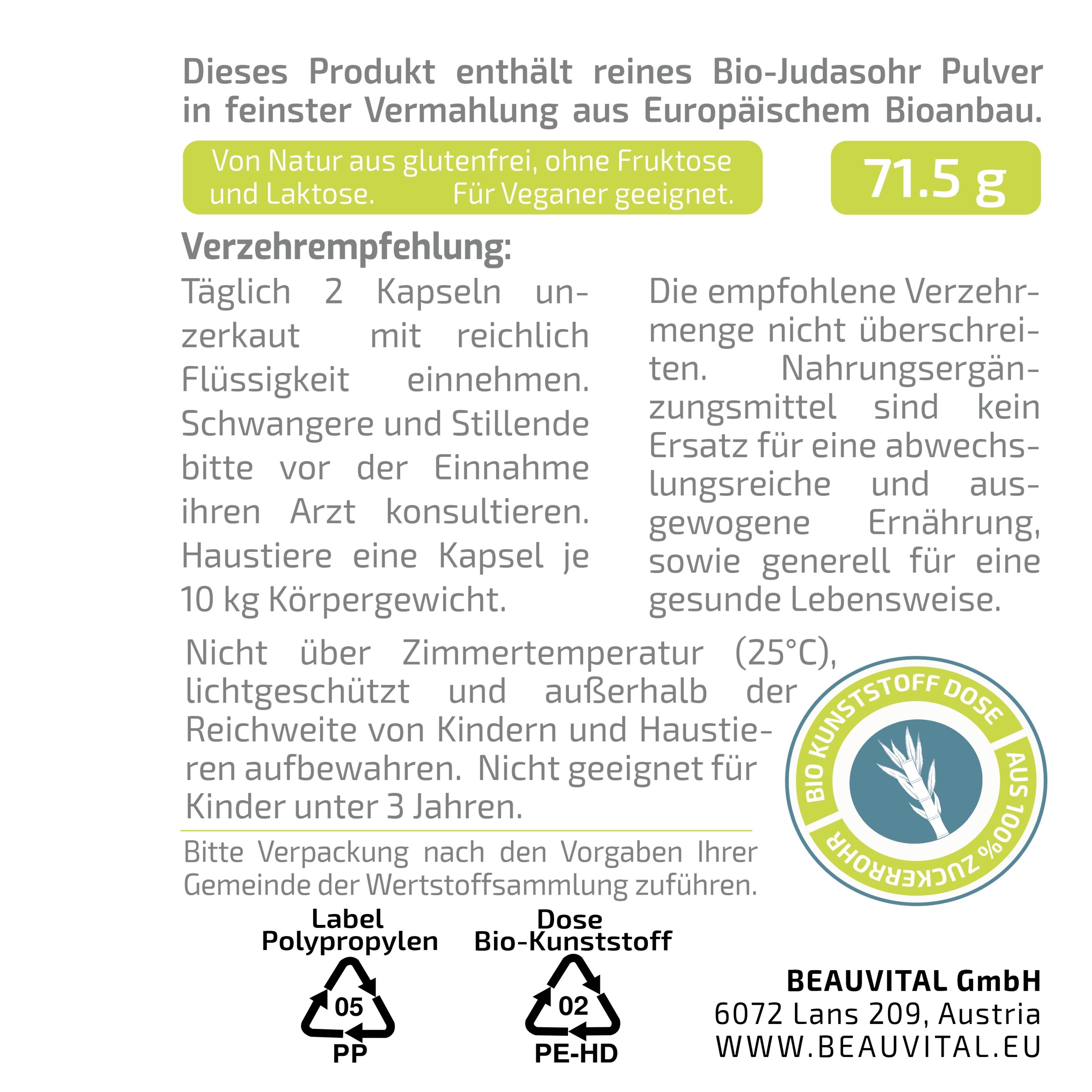 BEAUVITAL® Pure Bio Auricularia Kapseln, Judasohr (Auricularia auricula-judae) aus EU-Anbau