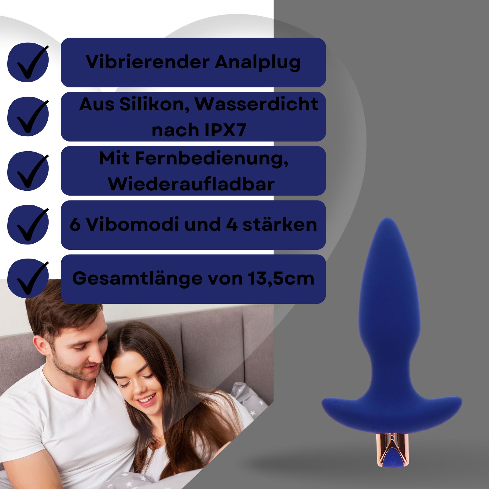 Blauer Analplug, Silikon, wasserdicht, mit Fernbedienung, wiederaufladbar. 13,5cm lang. Text: Vibrationsfunktion.