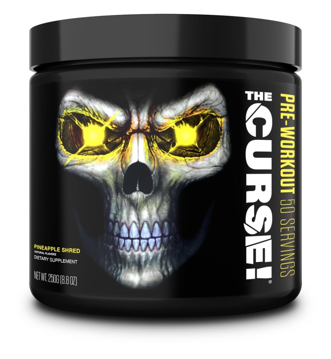 Schwarze Dose mit Totenkopf-Design. Aufschrift "THE CURSE!". Enthält "Pineapple Shred" und "Pre-Workout".