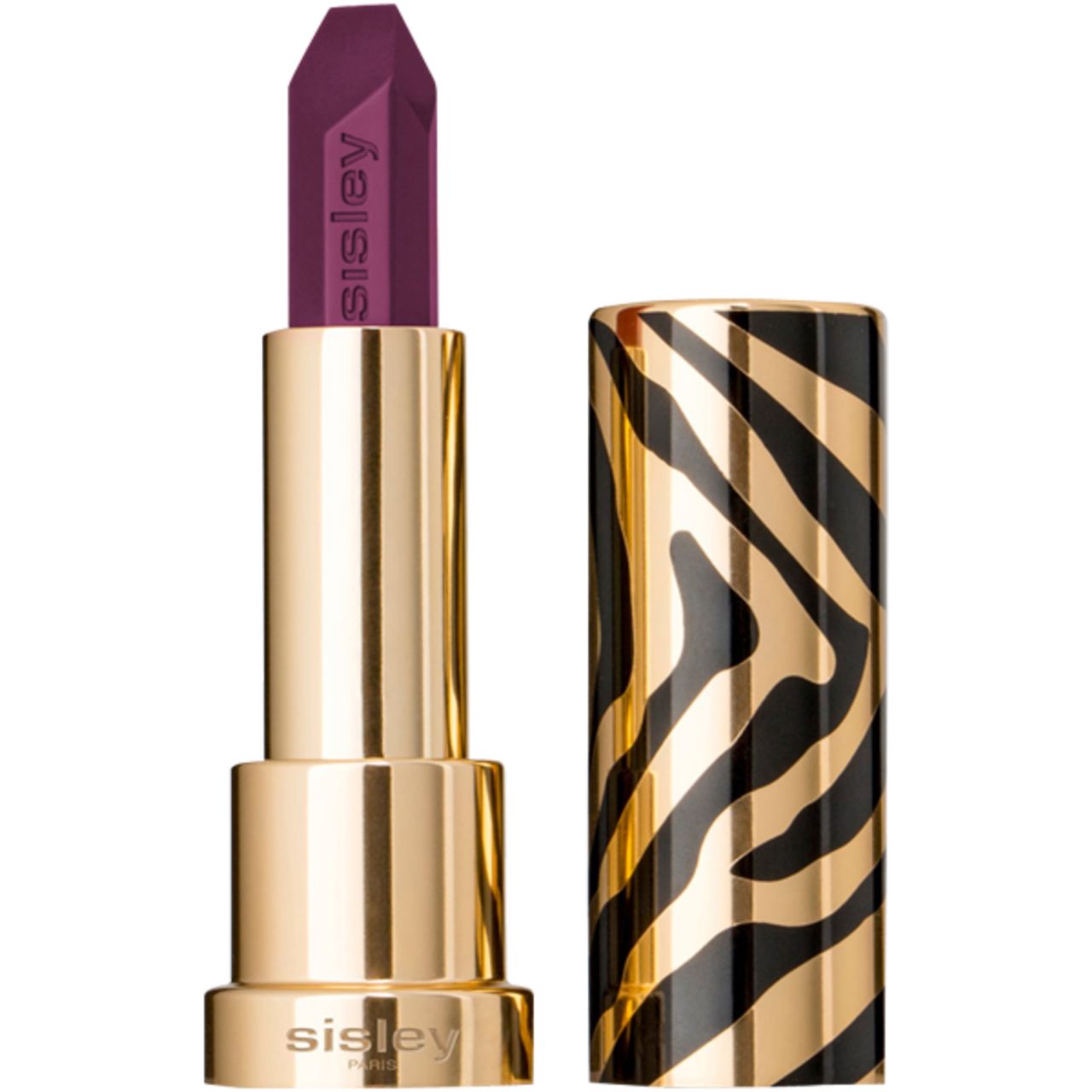 Lippenstift mit goldfarbenem Gehäuse und Zebrastreifen-Muster. Der Lippenstift ist geöffnet und zeigt eine violette Spitze mit Sisley-Logo.