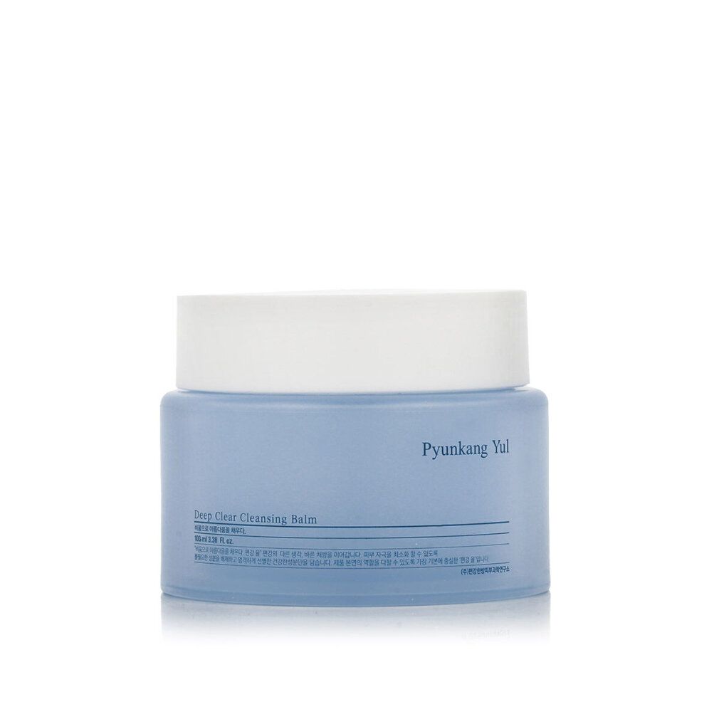 Hellblaues Tiegel mit weißem Deckel. Aufschrift: Deep Clear Cleansing Balm und Pyunkang Yul.