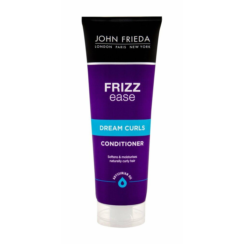 John Frieda Frizz Ease Traumlocken Conditioner. Lila Tube mit blauer Schrift. Enthält Abyssinian Oil. Text: Dream Curls, Conditioner.