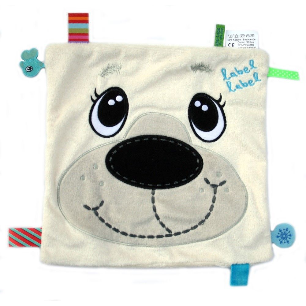 Quadratisches Schmusetuch mit Eisbären-Gesicht. Beige, mit bunten Bändern und Label Label-Schriftzug.