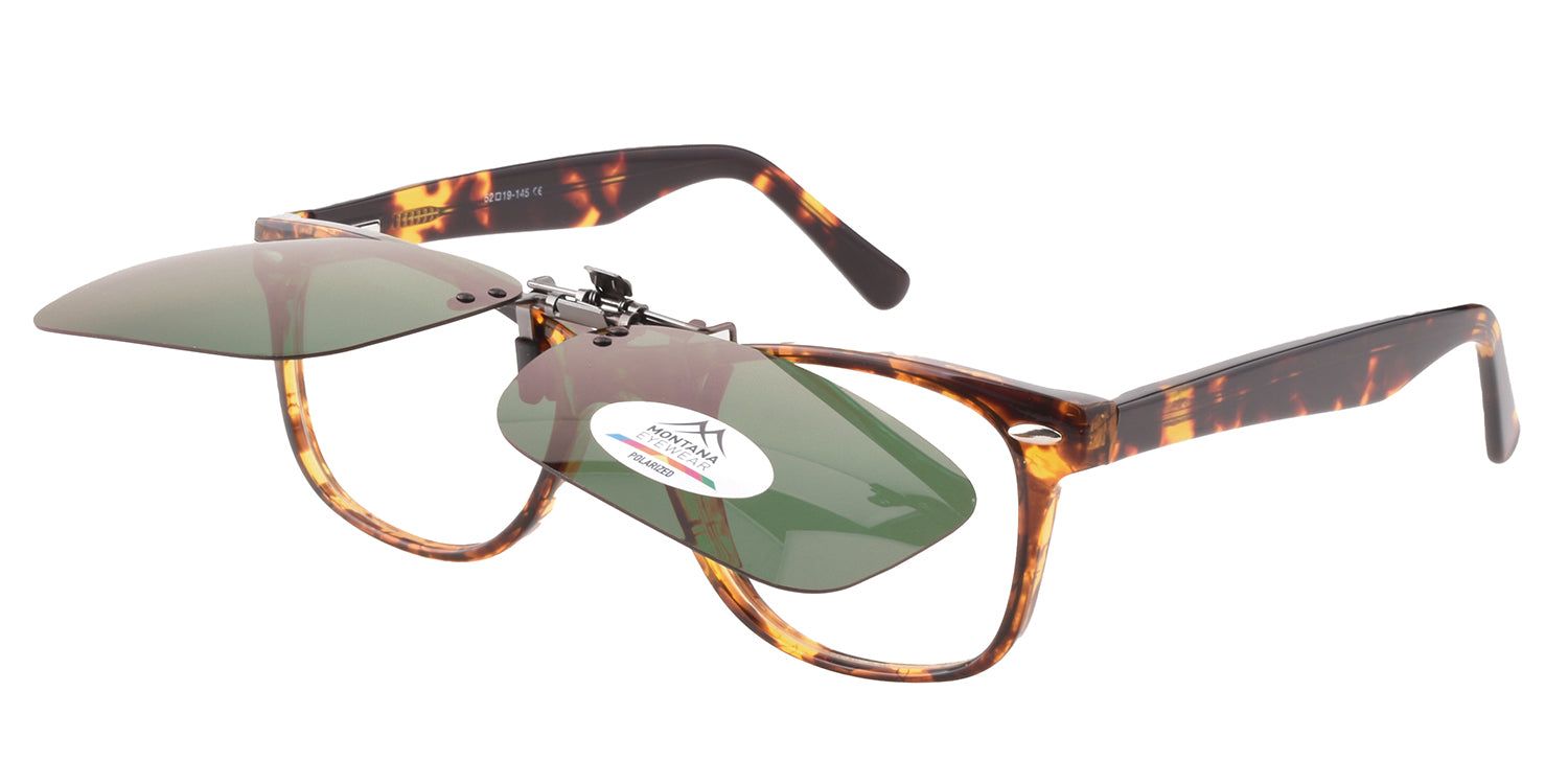 Sonnenbrille mit Clip-on-Sonnenbrille. Gestell in Schildpatt-Optik. Logo "MONTANA EYEWEAR POLARIZED".