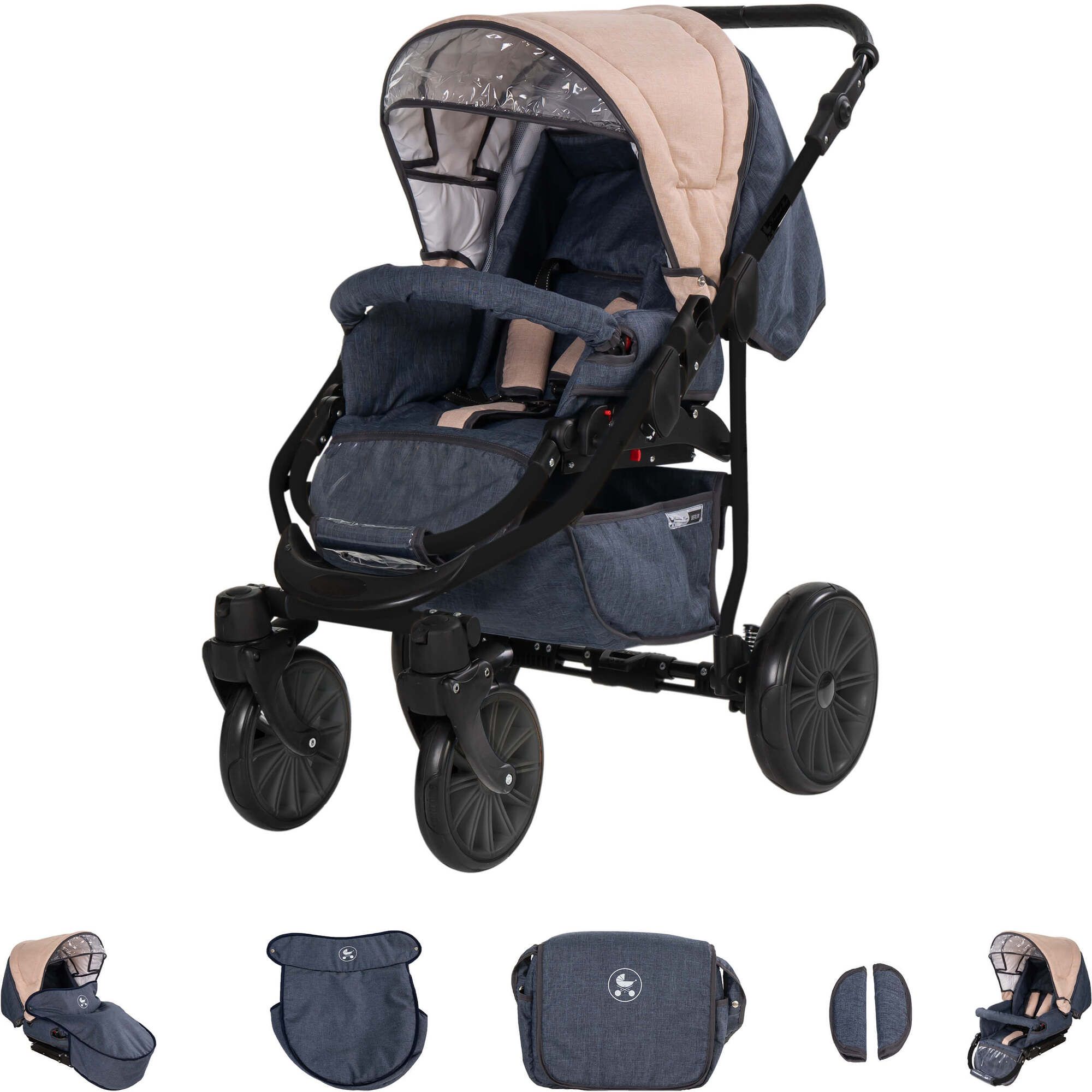 Friedrich Hugo Berlin 3 in 1 Kinderwagen Set Luftreifen, Dark Blue and Beige Night