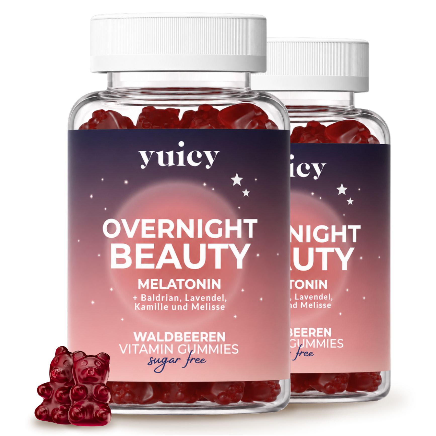 Zwei Gläser yuicy® Overnight Beauty Gummies. Rote Gummibärchen. Text: Melatonin, Baldrian, Lavendel, Kamille und Melisse. Zuckerfrei.