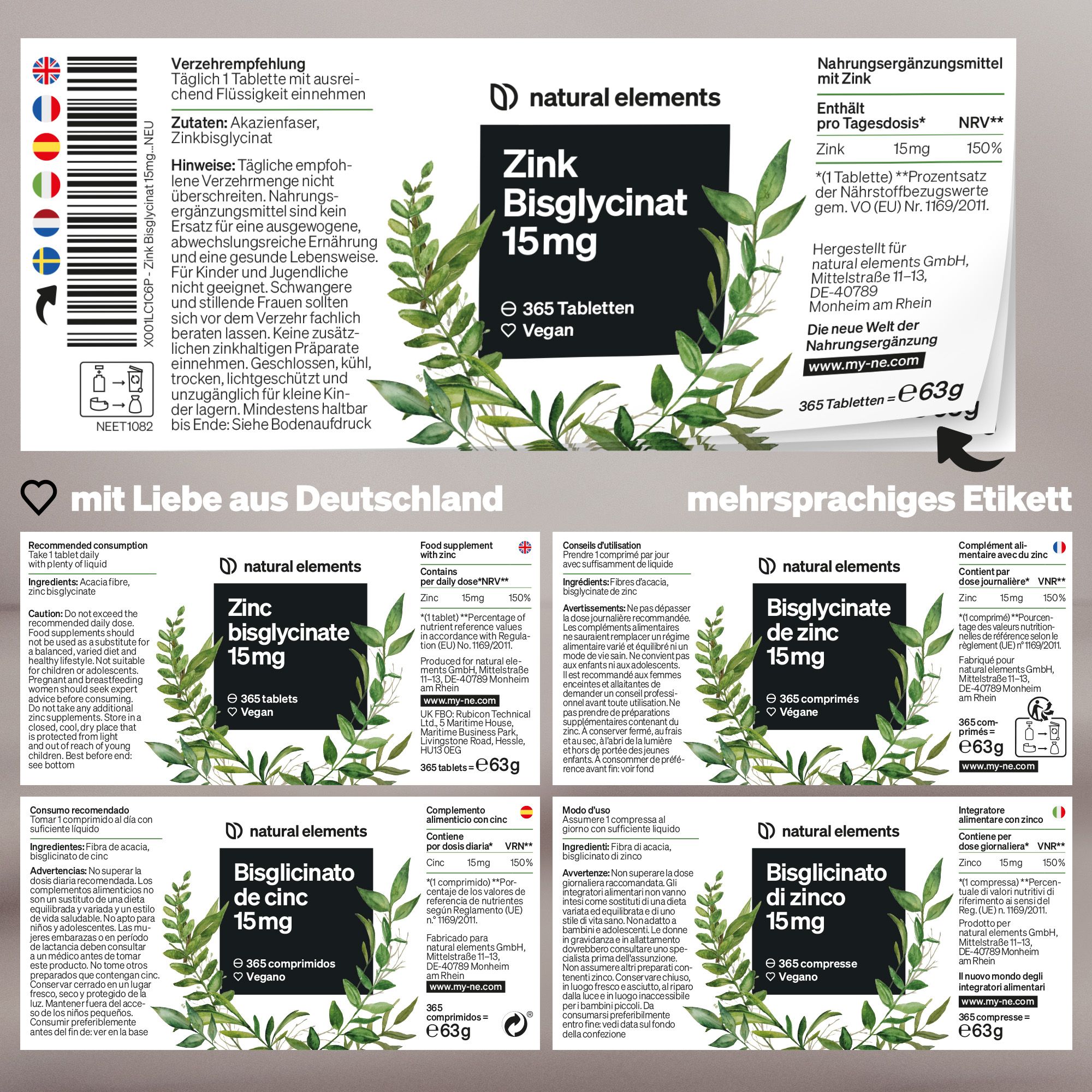 natural elements Zink 15mg – 365 Tabletten – gut verträgliches Zinkbisglycinat (Zink-Chelat)
