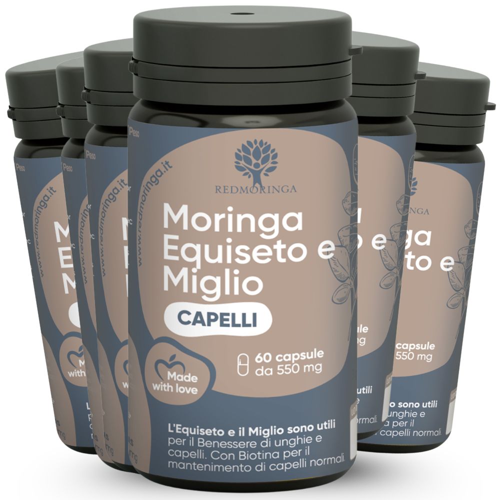 Mehrere Flaschen mit Kapseln. Aufschrift: RedMoringa, Moringa Equiseto Miglio CAPELLI. 60 Kapseln, 550 mg.