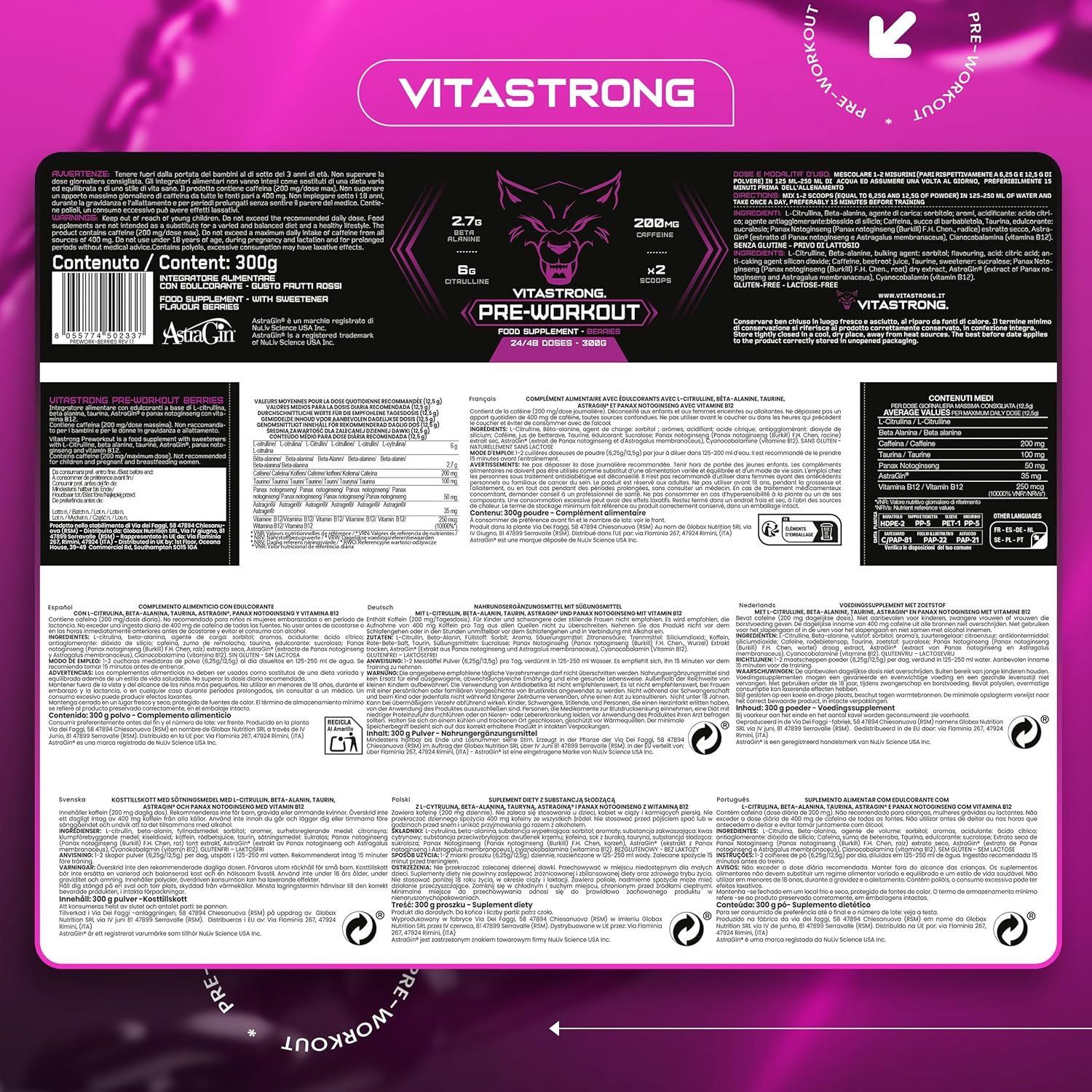Mann mit freiem Oberkörper. Dose Vitastrong Pre-Workout, Beeren, 300g. Text und Verpackung.