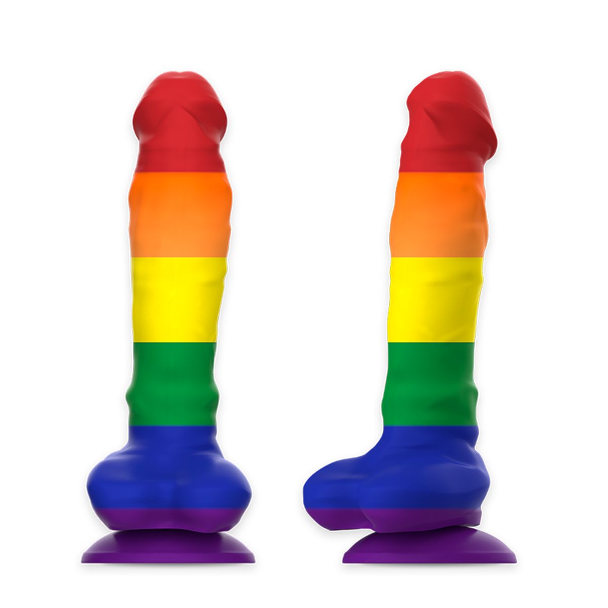 Zwei regenbogenfarbige Dildos mit Saugnapf. Marke: Mythology.