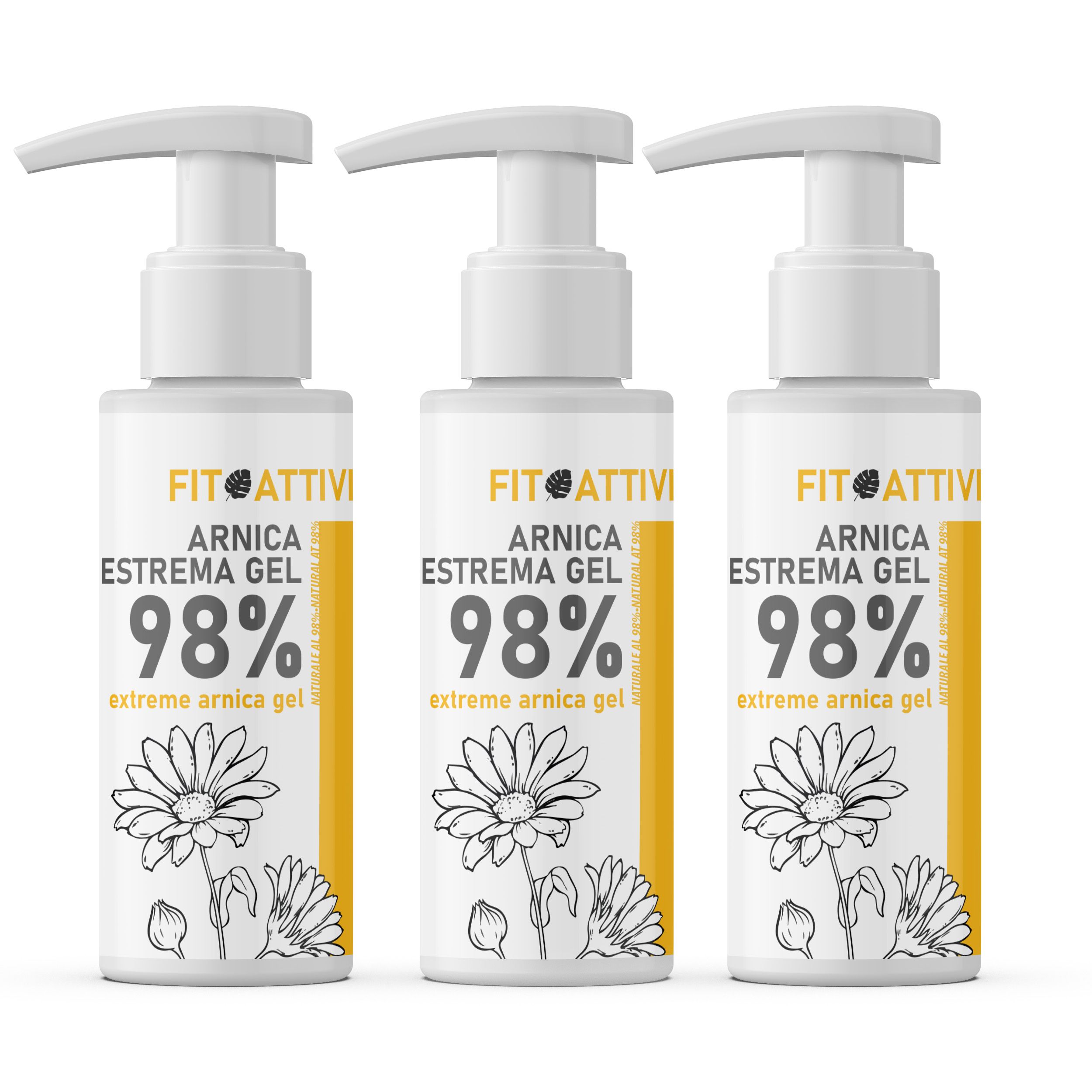 Drei weiße Flaschen mit Pumpverschluss. Auf jeder Flasche steht "FIT ATTIVI ARNICA ESTREMA GEL 98%".