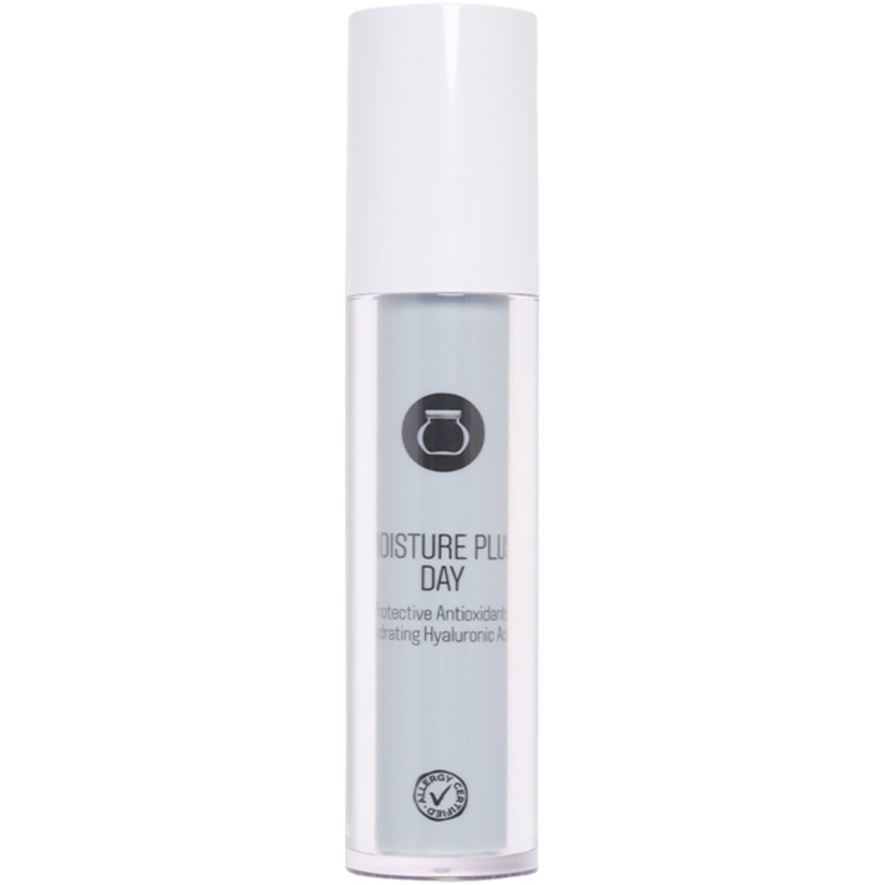 Zylinderförmige Flasche mit weißem Deckel. Aufschrift: Moisture Plus Day. Logo und Text darunter. Siegel unten.