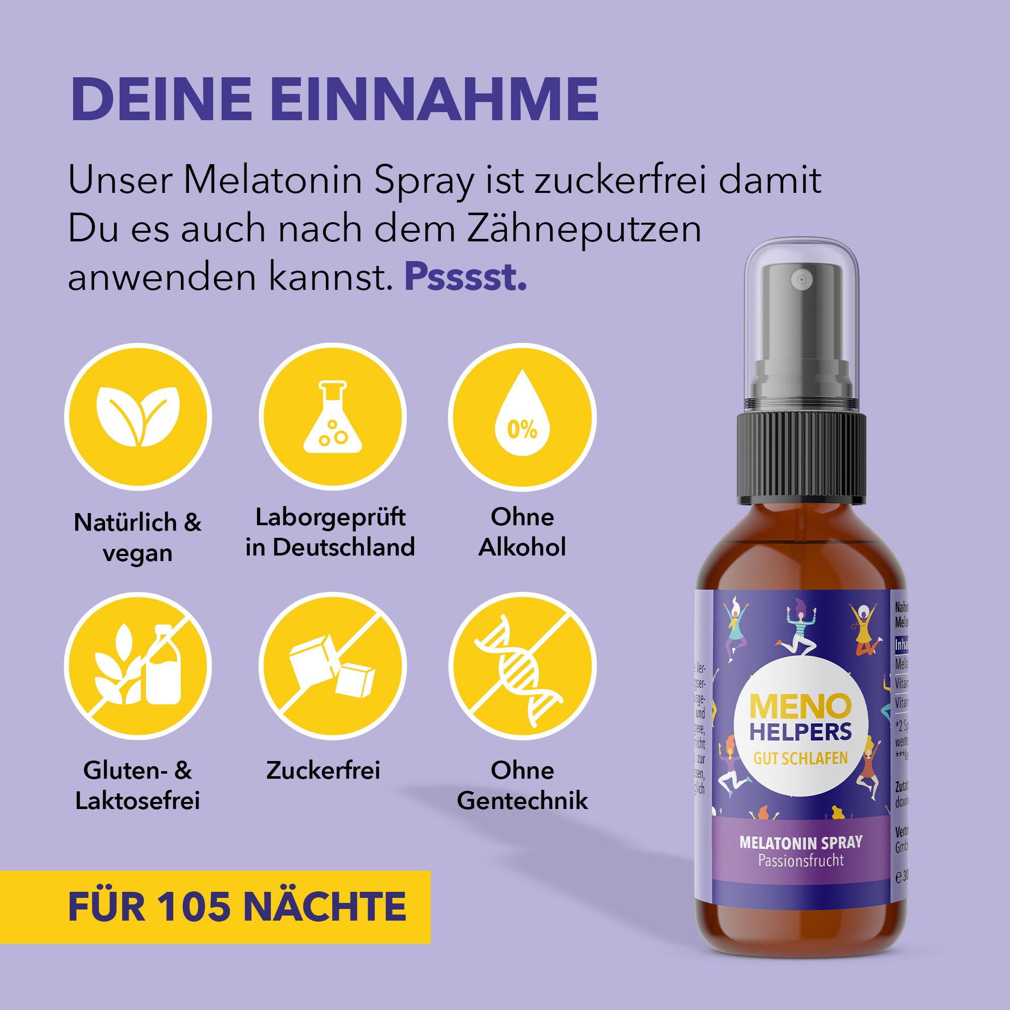 Text auf lila Hintergrund. Informationen über Melatonin-Spray. Symbole für natürlich, vegan, zuckerfrei, ohne Alkohol, Gluten- und Laktosefrei.