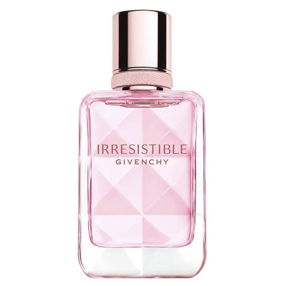 Ein rechteckiger Glasflakon mit rosa Parfüm und einem roségoldenen Verschluss. "Irresistible Givenchy" ist auf der Vorderseite aufgedruckt.