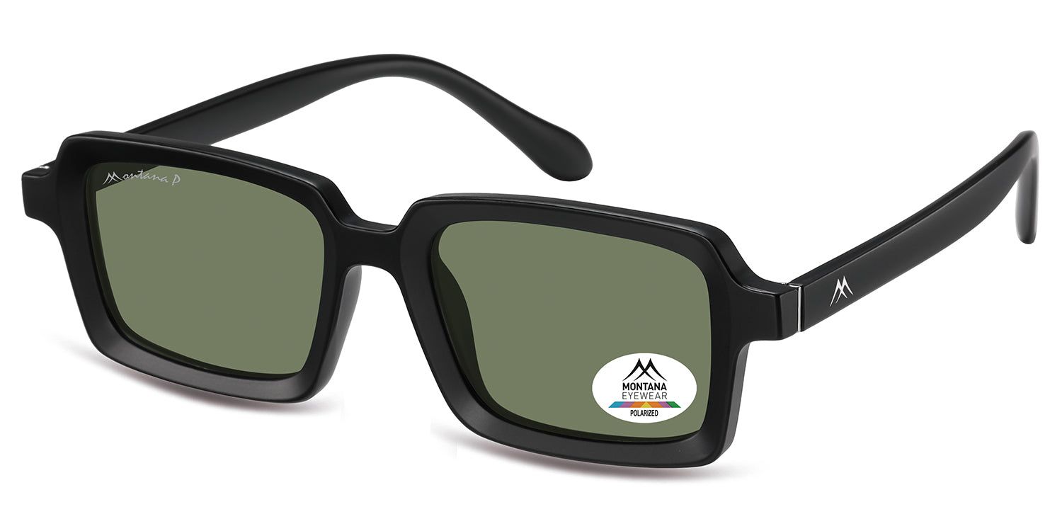 Schwarze Sonnenbrille, rechteckige Gläser, grüner Farbton. Montana Eyewear Logo und polarisiertes Siegel.