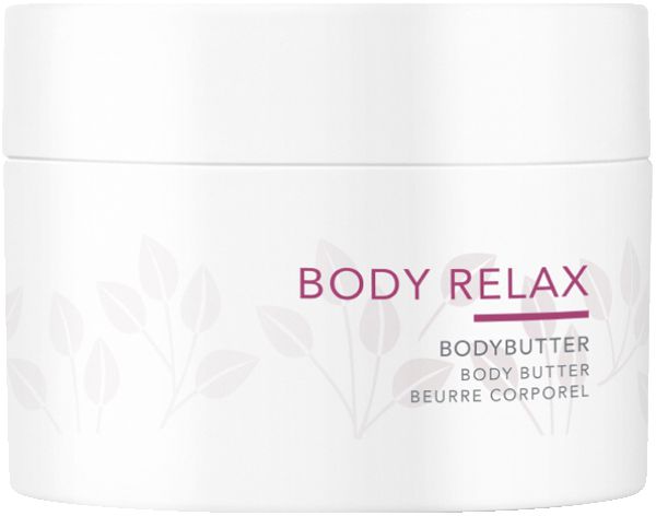 Weißer Tiegel Charlotte Meentzen Body Relax Bodybutter. Text: Body Relax, Bodybutter, Beurre Corporel. Mit Blättermuster.