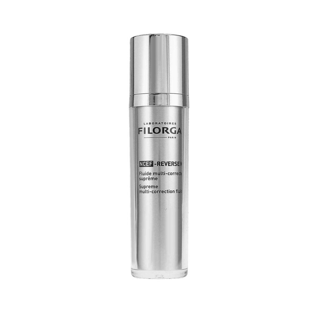 Filorga NCEF-Reverse Supreme Multi-Correction Fluid in silberner Pumpspenderflasche.