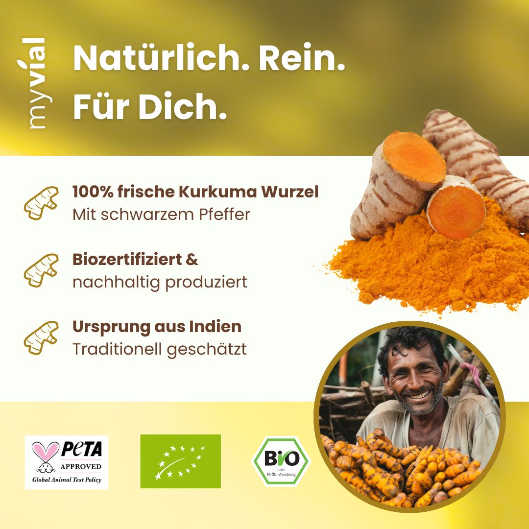 myvial® Bio Kurkuma mit schwarzem Bio Pfeffer Komplex Kapseln - Curcumin - 2360 mg hochdosiert