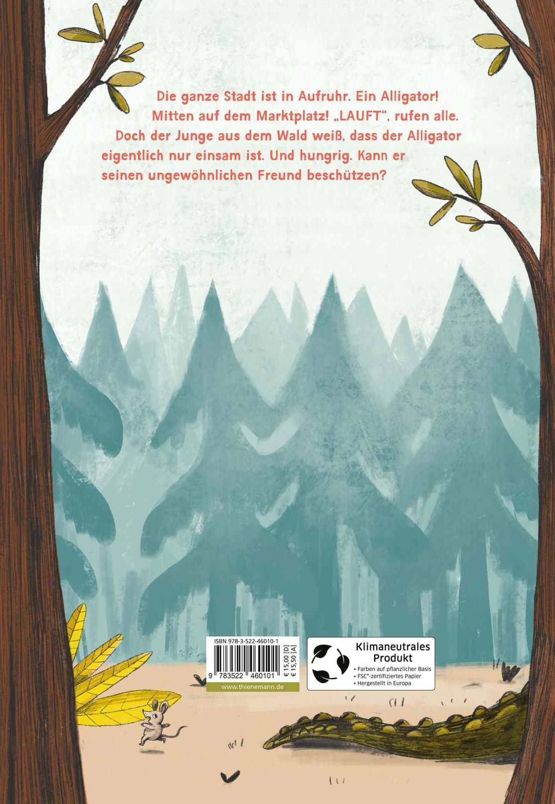 Buchrückseite: Text, Illustration eines Waldes mit Alligator. Klimaneutrales Produkt-Siegel.