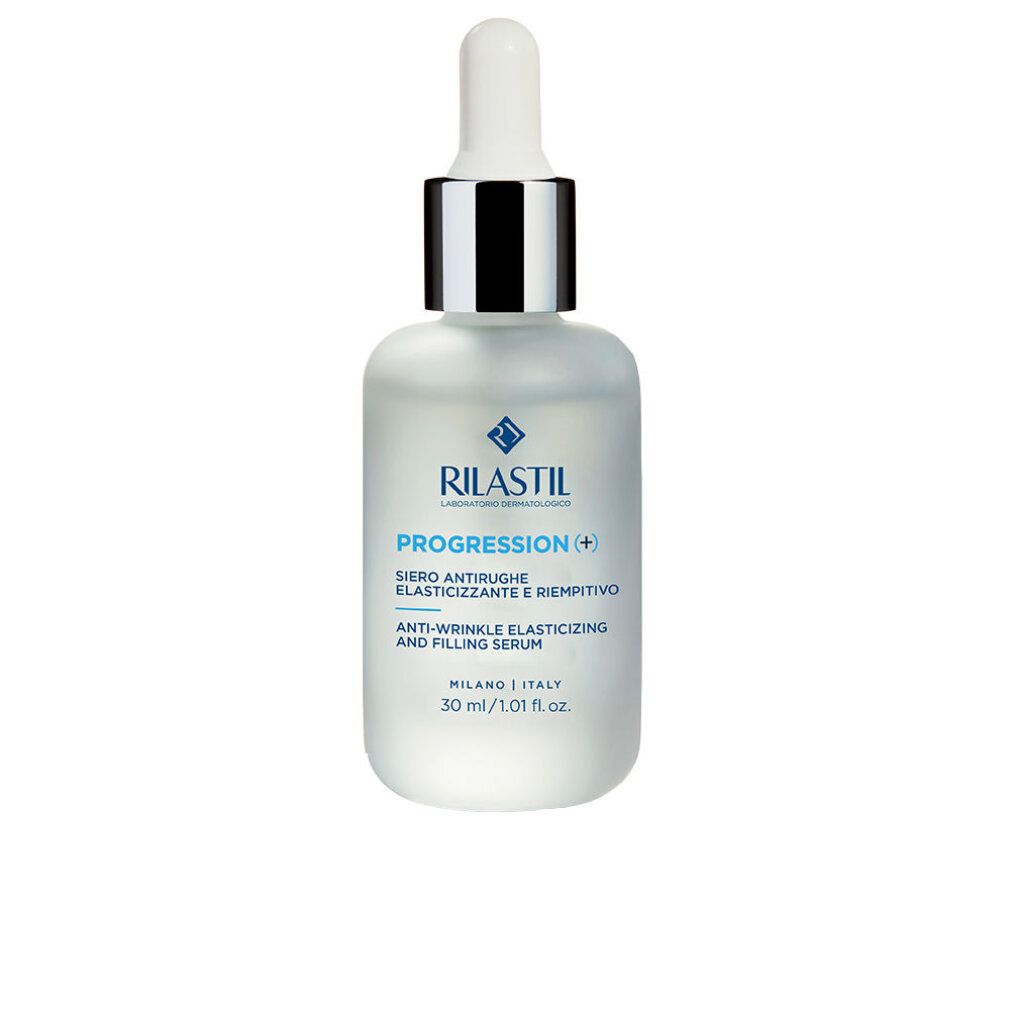 Serumflasche mit Pipette. Aufschrift: Rilastil Progression (+), Anti-Wrinkle Elasticizing and Filling Serum. 30 ml.