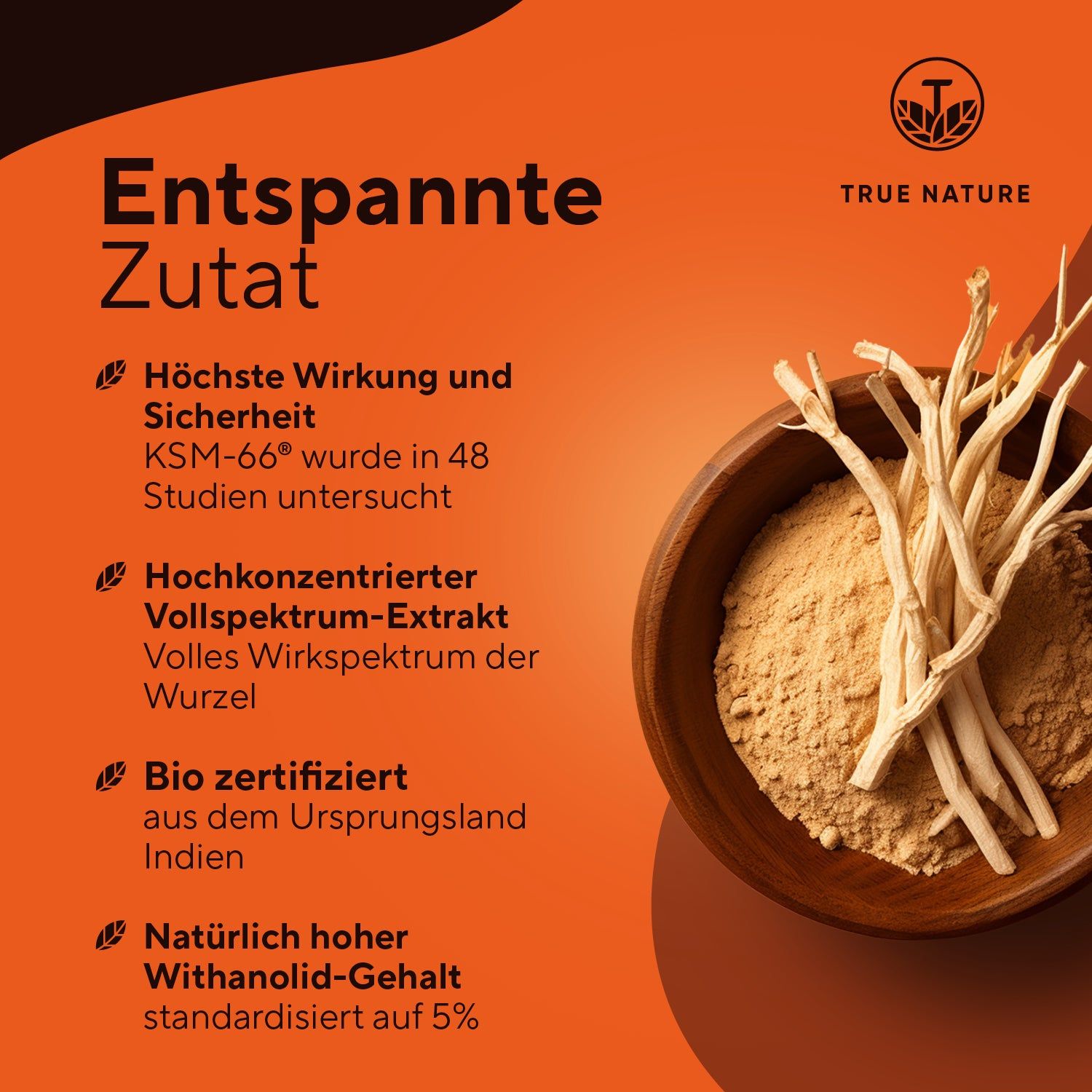 TRUE NATURE® Bio Ashwagandha Extrakt Kapseln (KSM-66®) - Premium Markenrohstoff