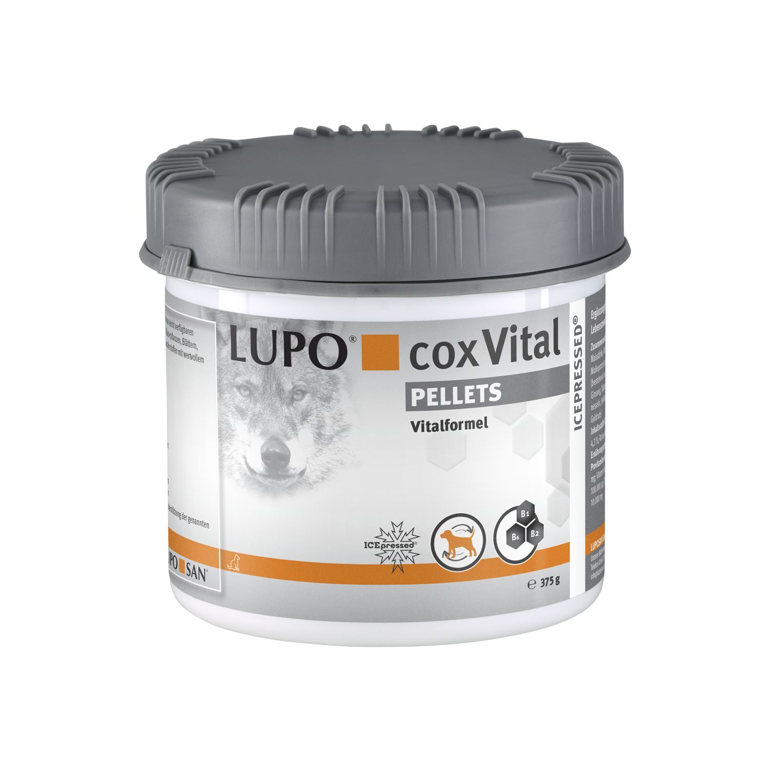 Weißer Behälter mit grauem Deckel. Aufschrift LUPO coxVital PELLETS. Wolf-Abbildung. ICEPRESSED-Logo. 375 g.